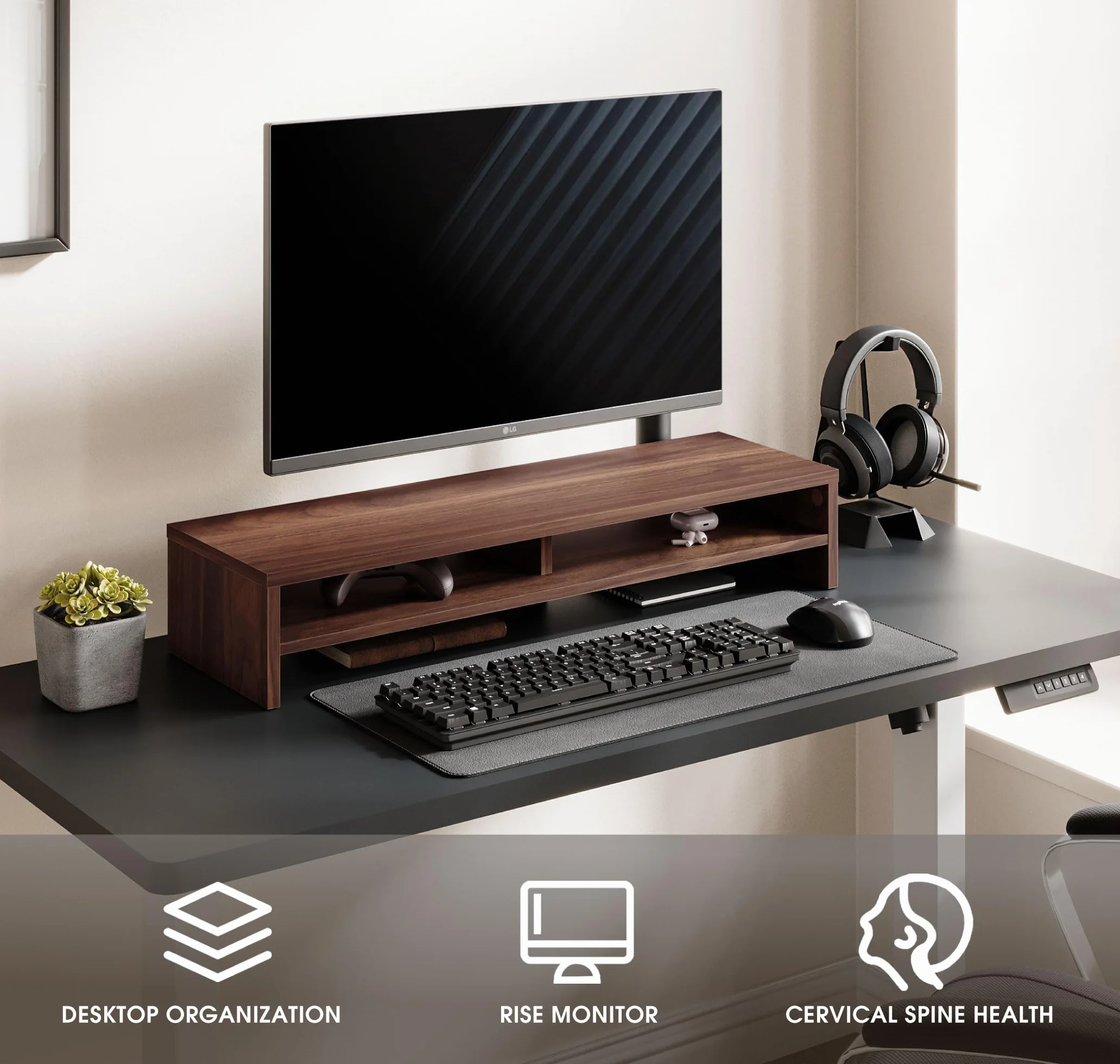 Fenge Réhausseur d'Écran d'Ordinateur Support Dual Moniteurs Organisateur de Bureau 80×23.5×14.2cm Charge 25KG Marron