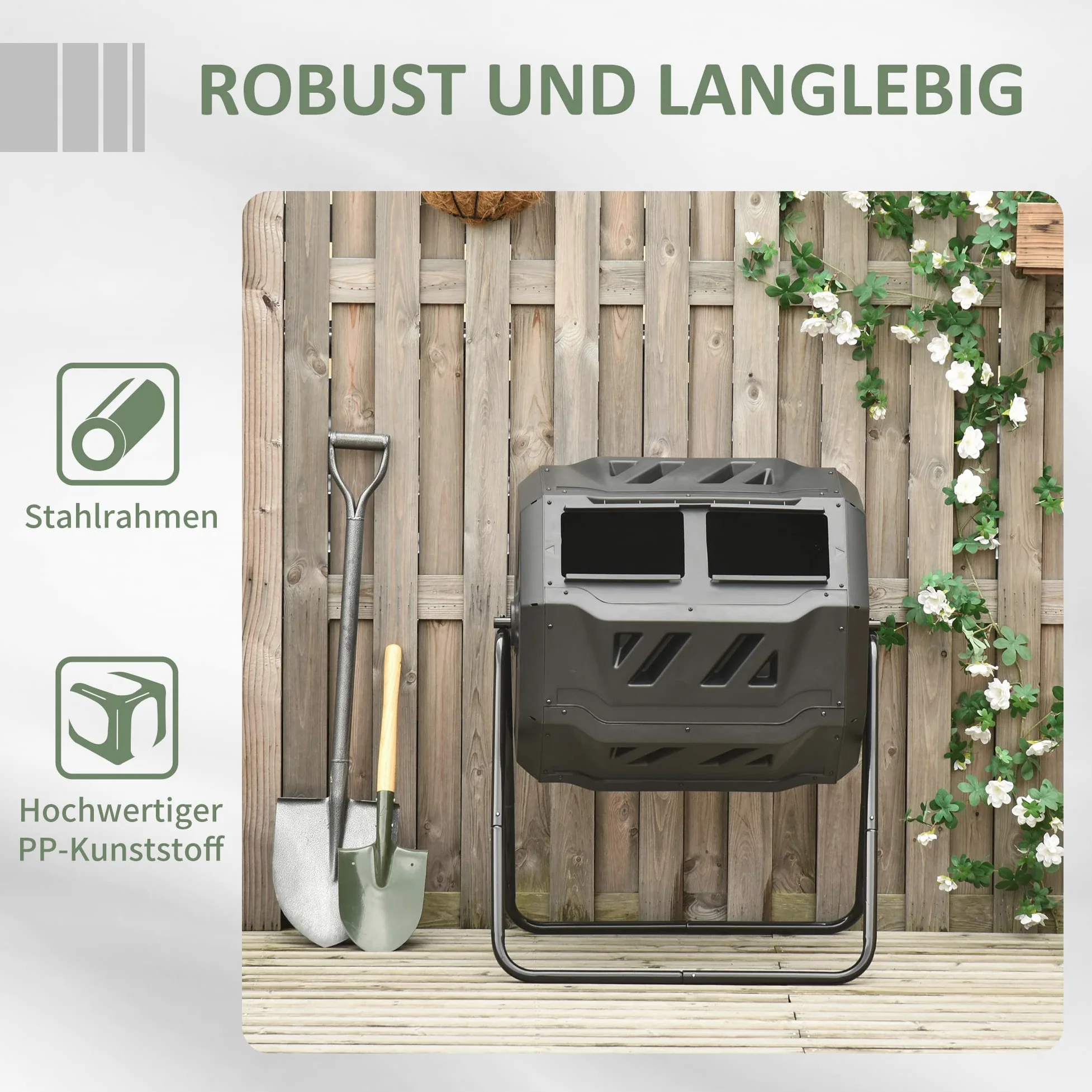 Outsunny Composteur Rotatif 160L à Double Chambre extérieur, Noir | Rotation 360°, Bac à compost de jardin, Portes coulissantes, Cadre en acier solide