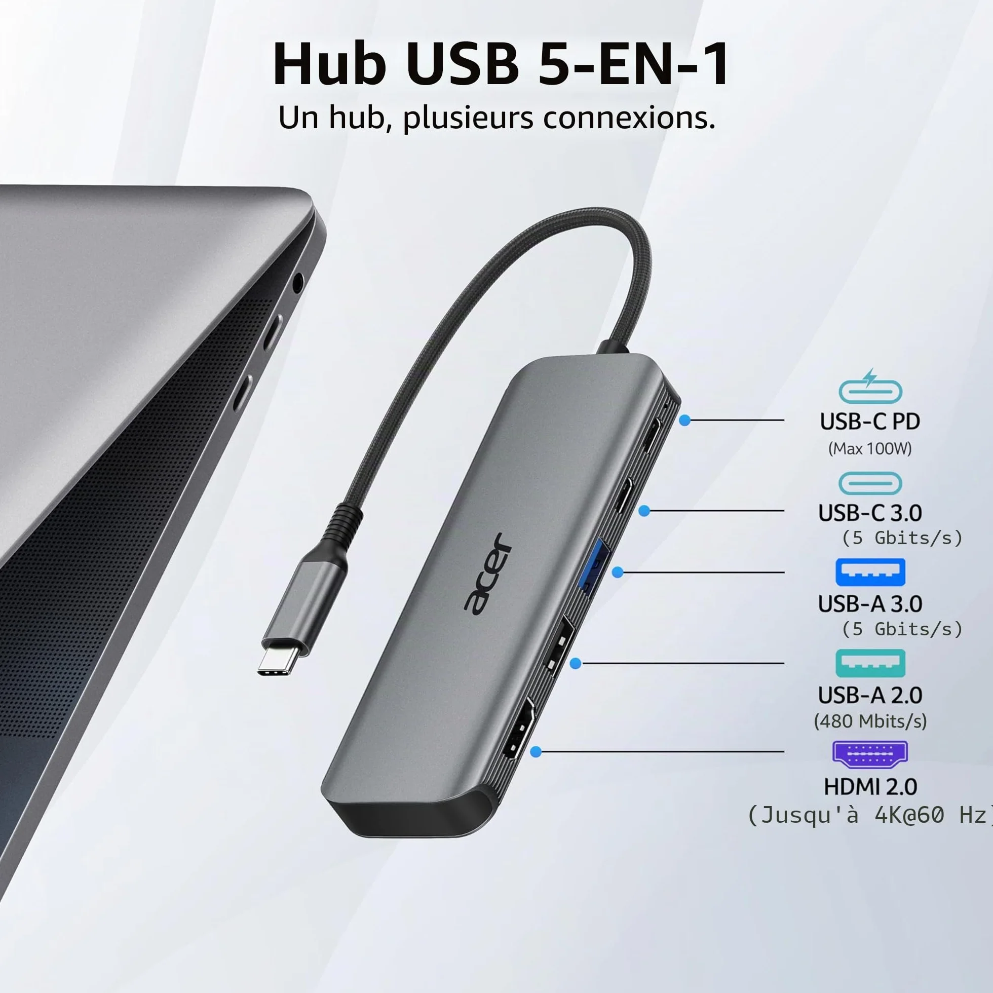 Acer Hub USB C 5 en 1, Adaptateur USB-C vers HDMI 4K@60Hz, USB A/C 5 Gbps, Charge PD 100W, Aluminium+Nylon pour MacBook, iPad Pro/Air