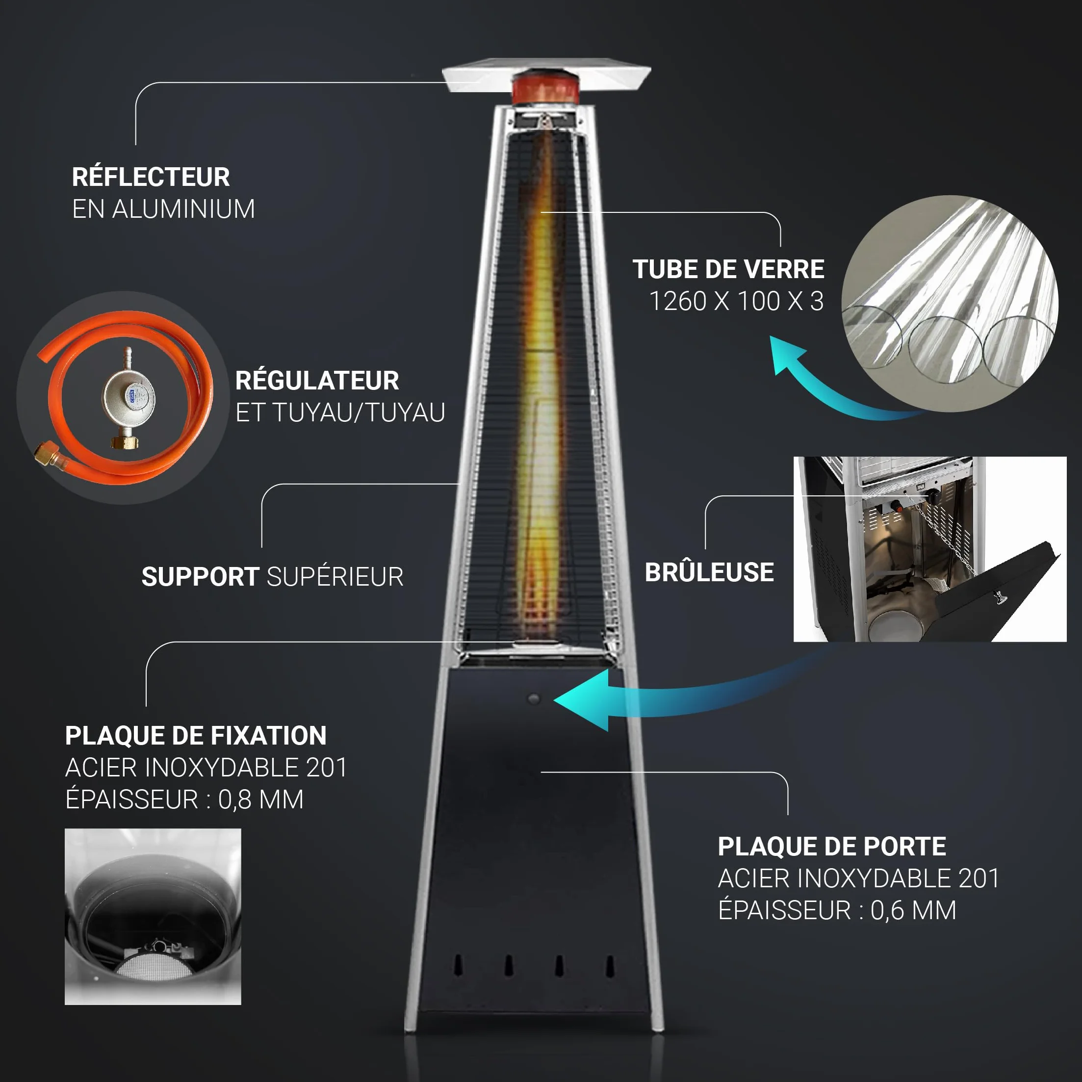BU-KO Chauffage au Gaz Pyramide 13kW Acier Inoxydable Extérieur Jardin