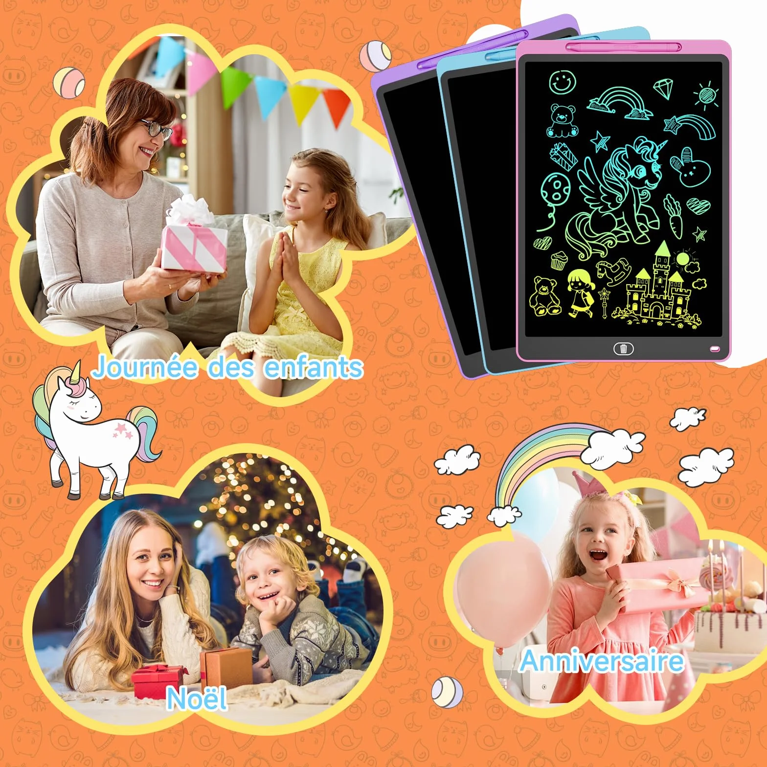 Tablette d'écriture LCD 12 Pouces Lot de 3 - Ardoise Magique Enfant avec Écran Sensible Pression & Couleurs Arc-en-Ciel