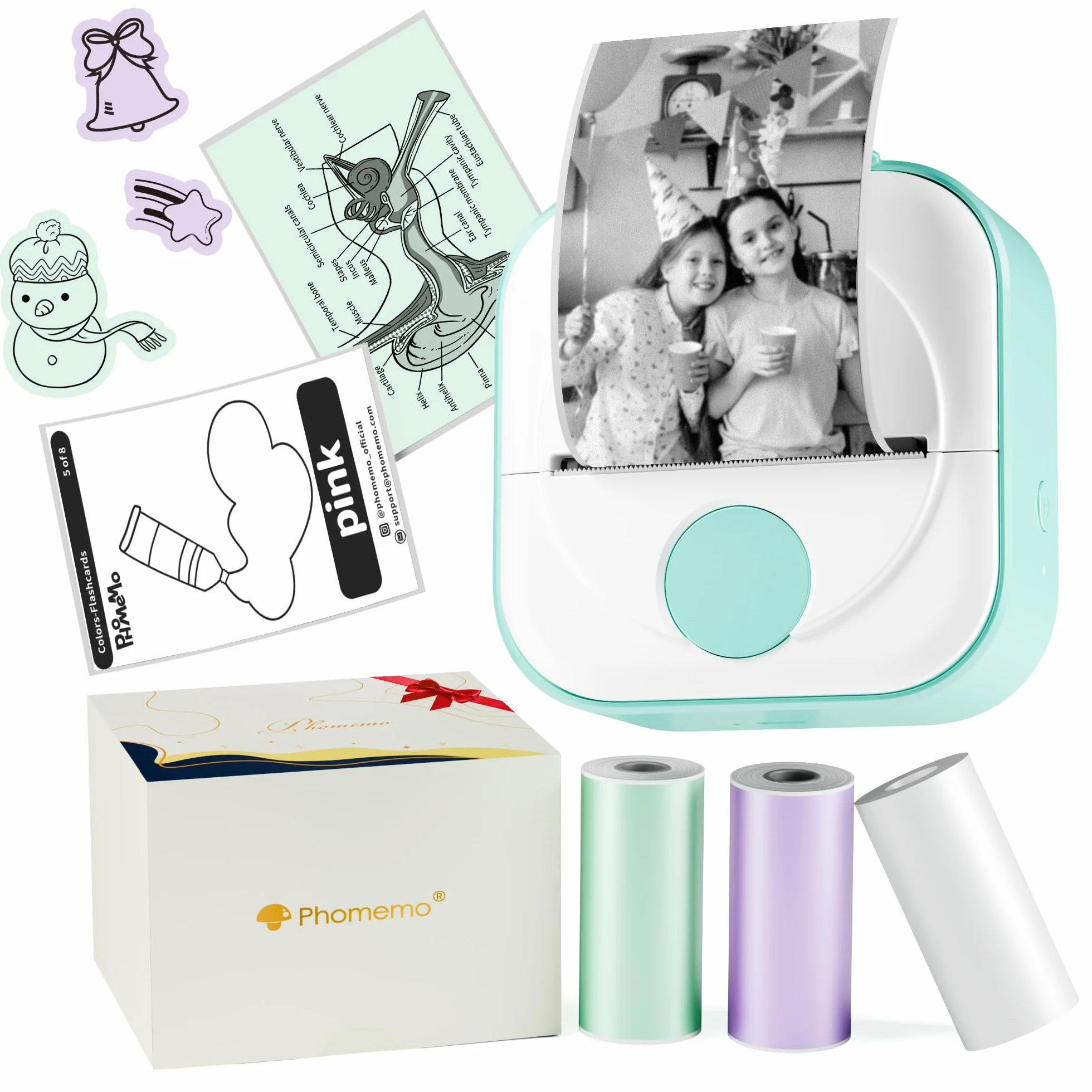 Phomemo Q02 Mini Imprimante Thermique Portable sans Encre avec 3 Rouleaux Papier, Verte