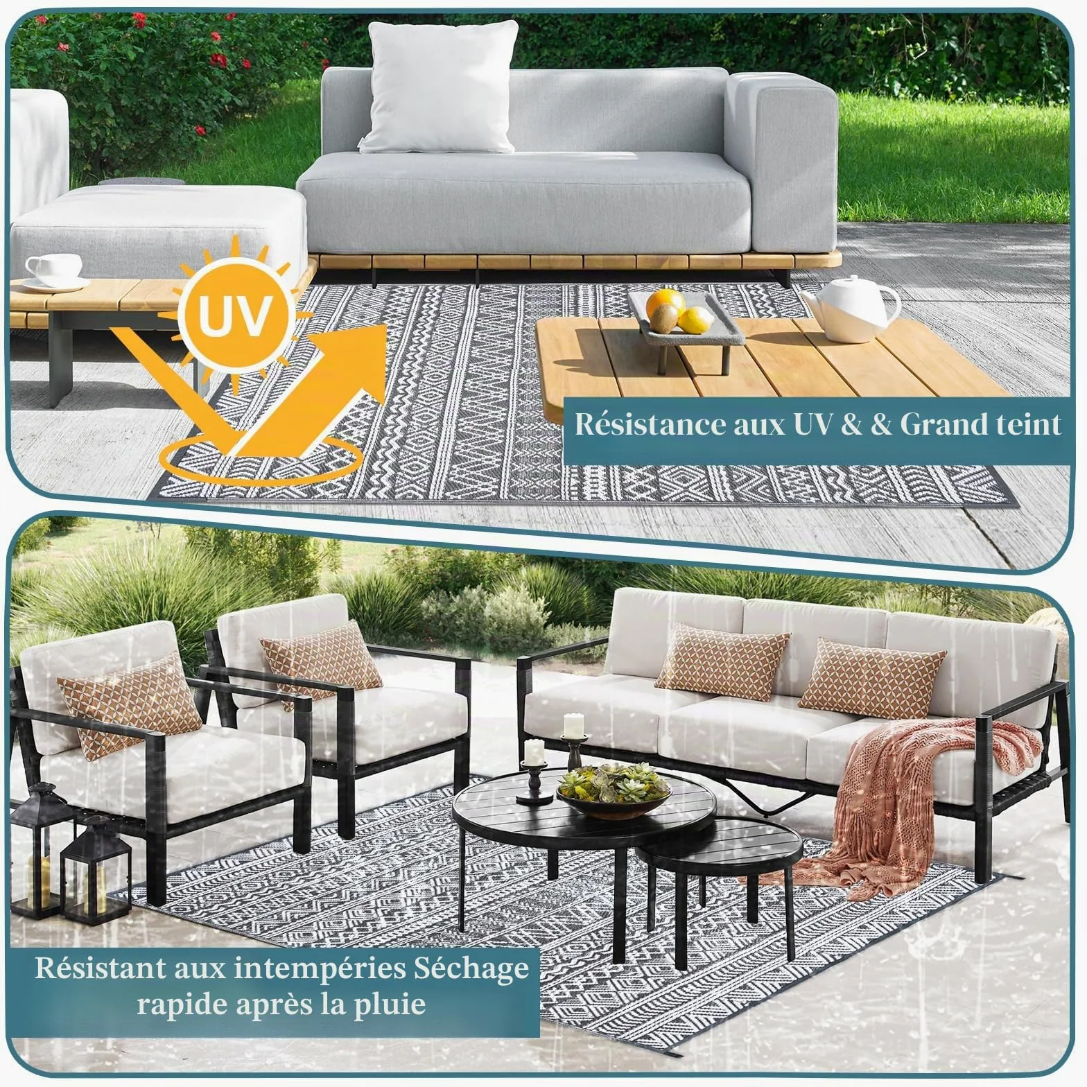 Alishomtll Tapis d'extérieur résistant aux intempéries, 180 x 275 cm, en plastique imperméable, pour terrasse, jardin, balcon, réversible, résistant aux UV, tapis extérieur, camping, pour barbecue