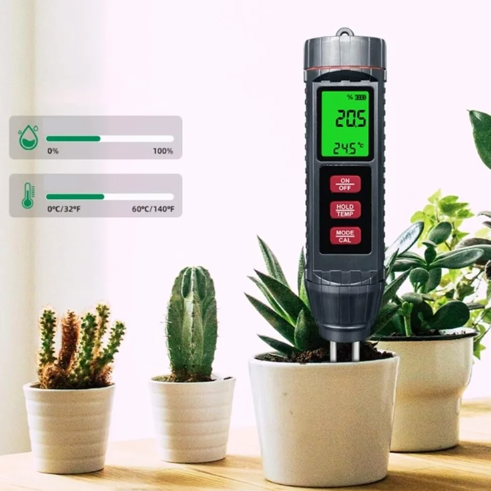 Humidimètre 3 en 1 avec rétroéclairage LCD - Moniteur numérique d'eau pour plantes - Température d'humidité - Conductivité - Outil de jardin intérieur ou extérieur - 211 mm
