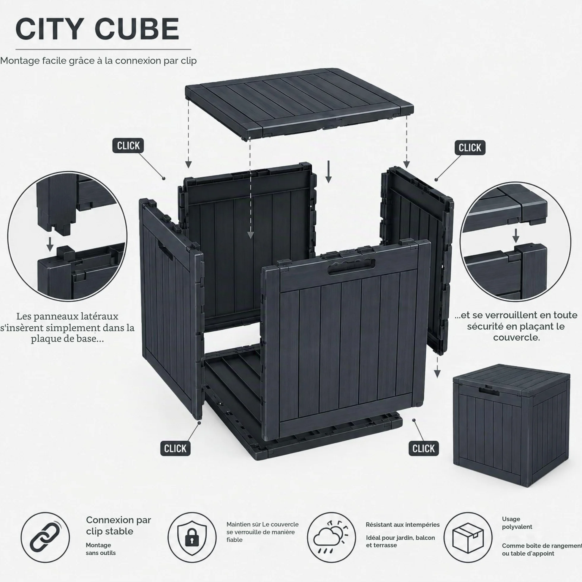 Ondis24 City Cube Boîte en Plastique 110 L Anthracite 55 x 43 x 53 cm