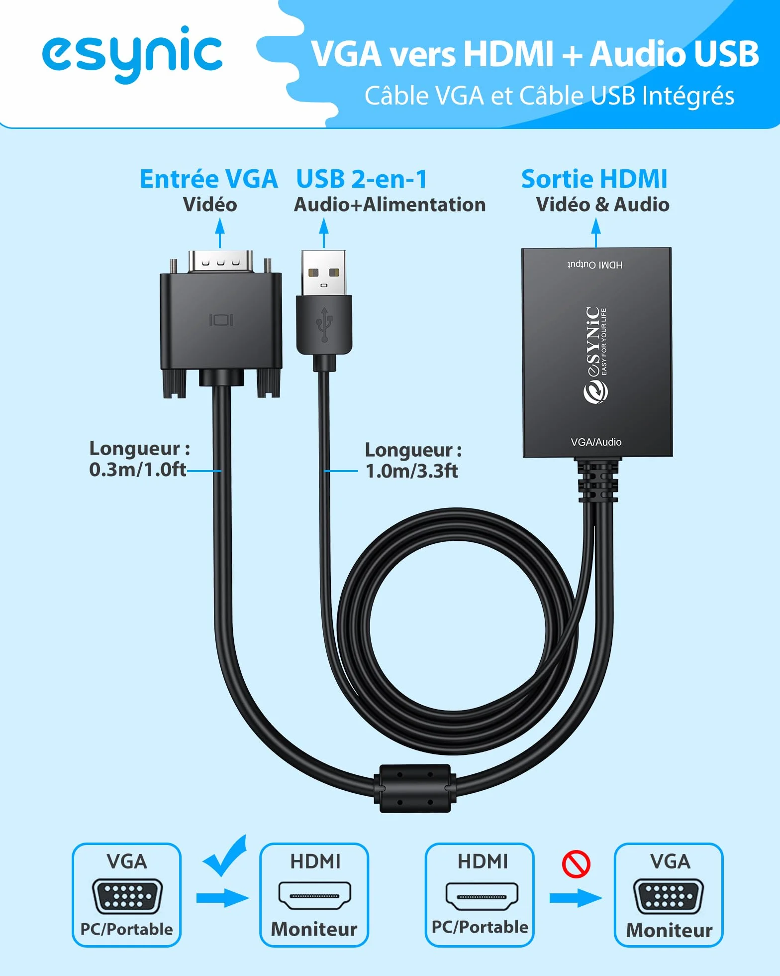 eSynic Adaptateur VGA vers HDMI 1080P Convertisseur VGA à HDMI avec Câble VGA 30cm Câble USB 1M Connecteur Plaqué Or