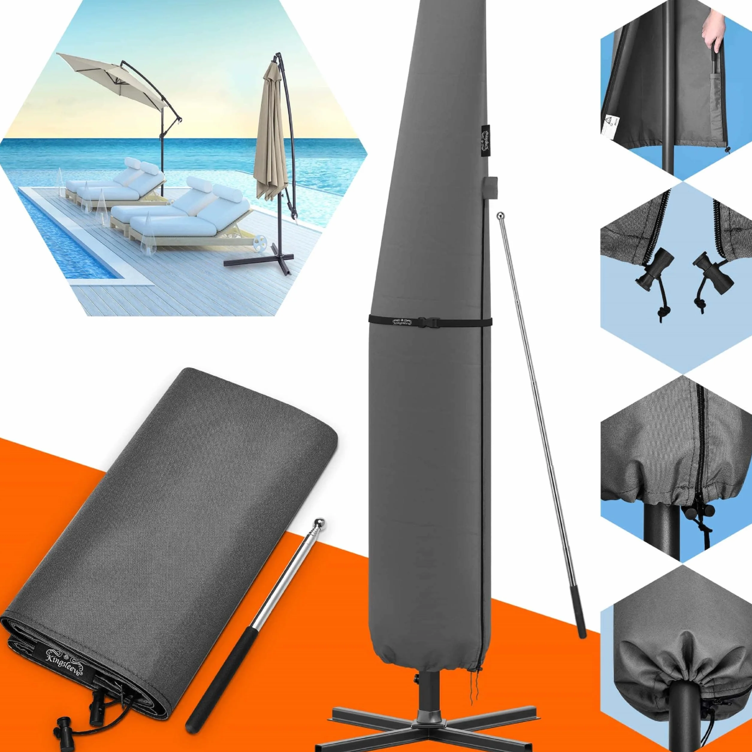 Housse de parasol télescopique Ø350cm résistante aux intempéries bâche de protection universelle gris