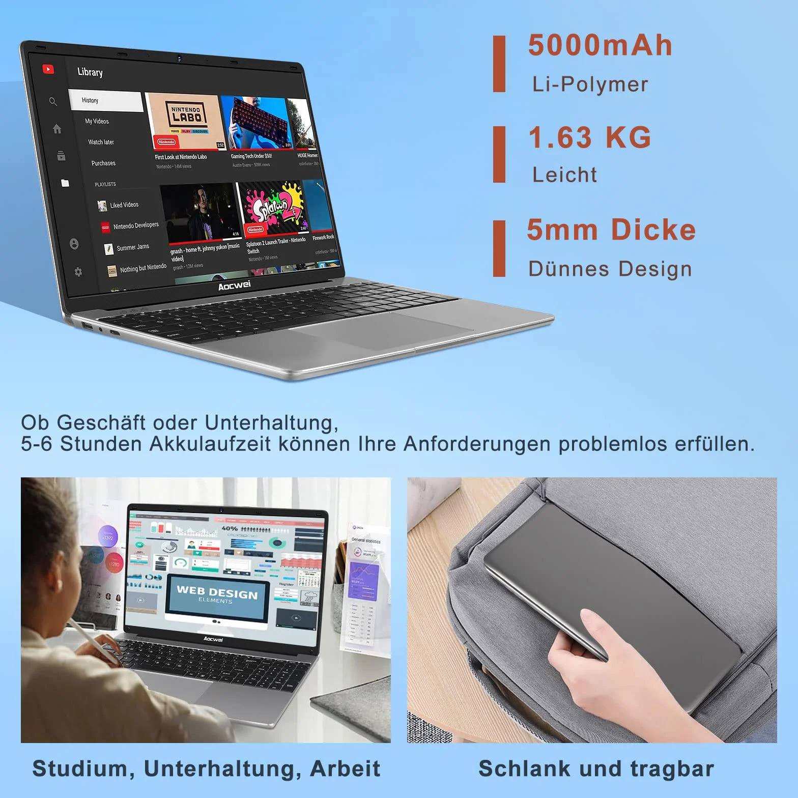 NOTODD Ordinateur Portable 14 Pouces 6 Go RAM 128 Go SSD 1TB Win11 Celeron J4105 WiFi BT4.2 Mini HDMI AZERTY