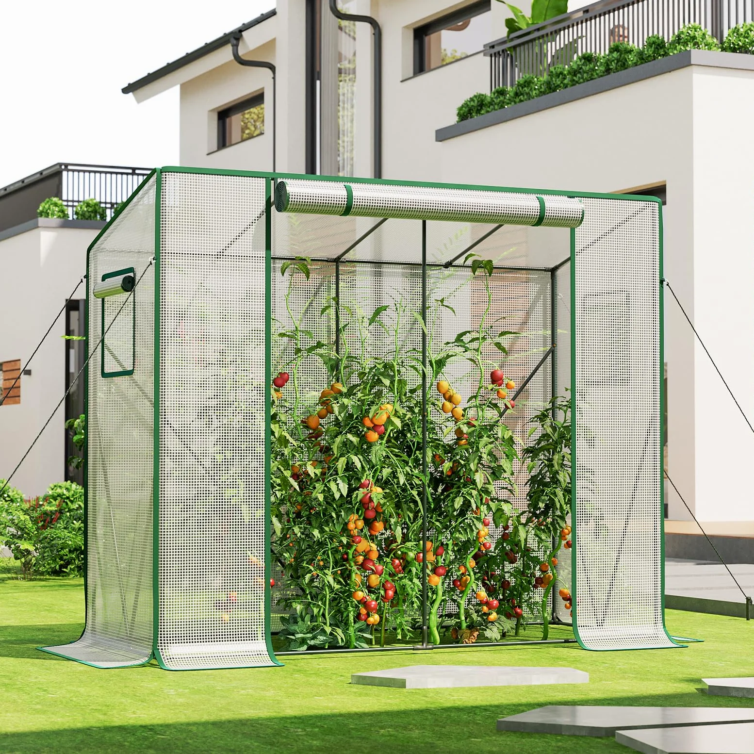 LARMNEE Serre de Jardin à Toit en Pente, Serre à Tomates Plastique, 200 x 77,5 x 170 cm, Abri Potager pour Plantes, avec Porte Enroulable, Anti-UV, pour Balcon, Jardin, Blanc EWT30GH02G3