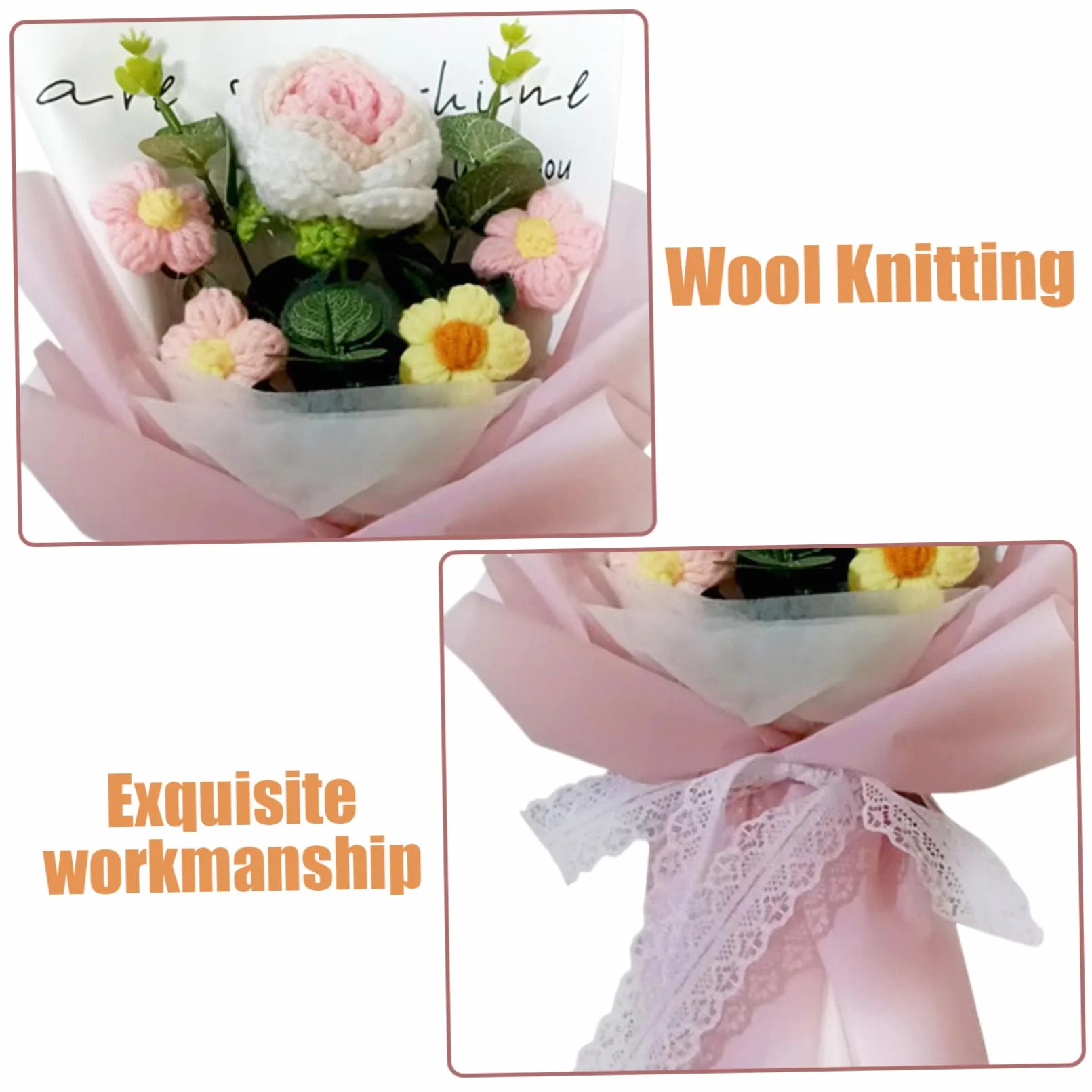 Bouquet de fleurs au crochet 5 têtes roses 7,9 x 11,8 pouces pour mariage Saint-Valentin