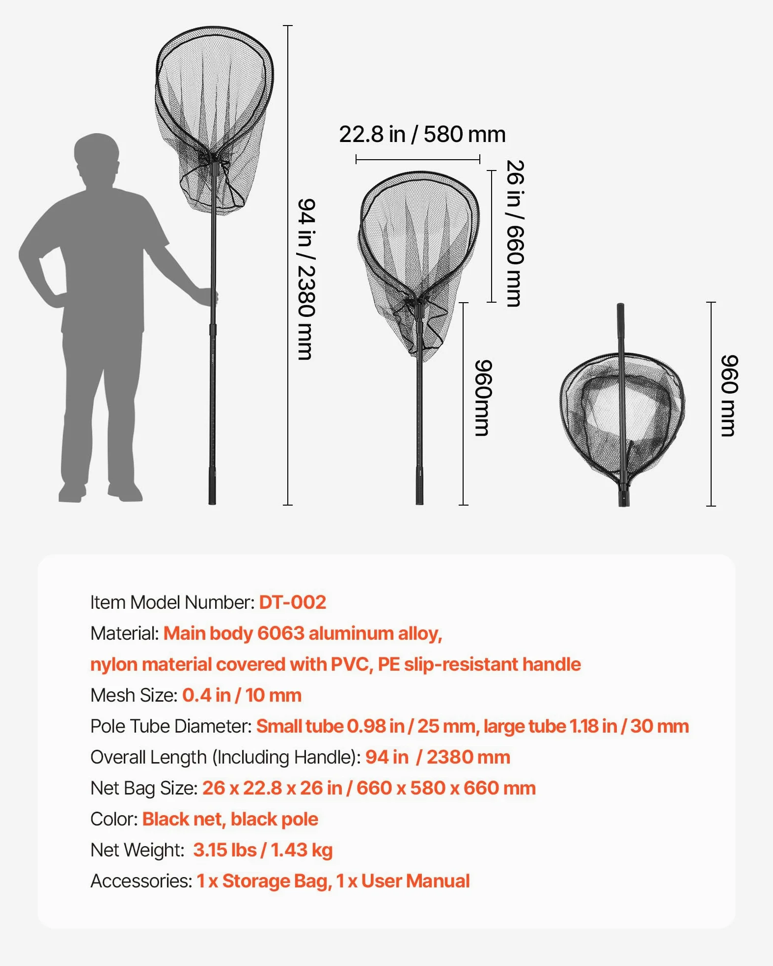 VEVOR Épuisette de Pêche, Filet de Pêche avec Manche Télescopique, pour Poisson Étang Bassin Kayak Bateau, Salabre Léger et Portable, Tige en Aluminium 6063 et Filet en Nylon Recouvert de PVC