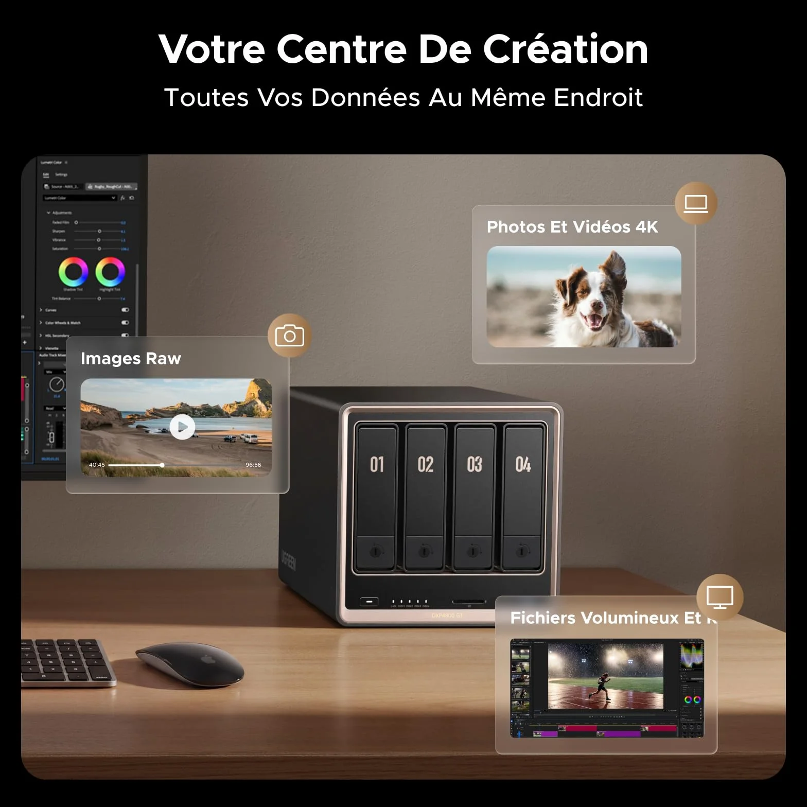 UGREEN NASync DXP4800 GT NAS 4 Baies Double LAN 10GbE AMD Ryzen R2514 8 Go RAM ECC M.2 NVMe HDMI 4K