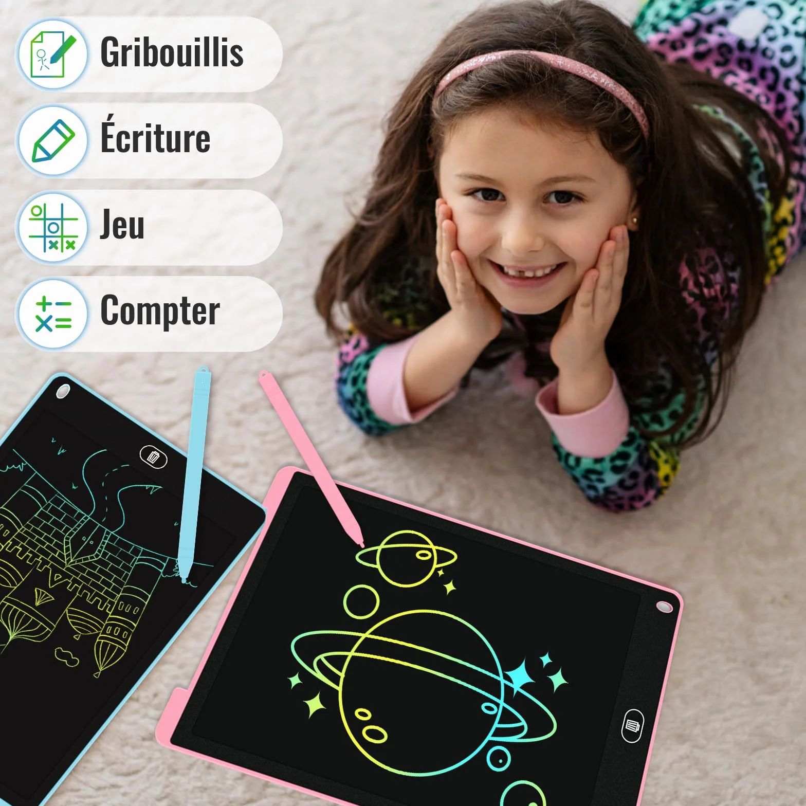 Electight Tablette Dessin Enfants 12 Pouces LCD Colorée avec Bouton Effacement Verrouillage Bleu Rose Violet