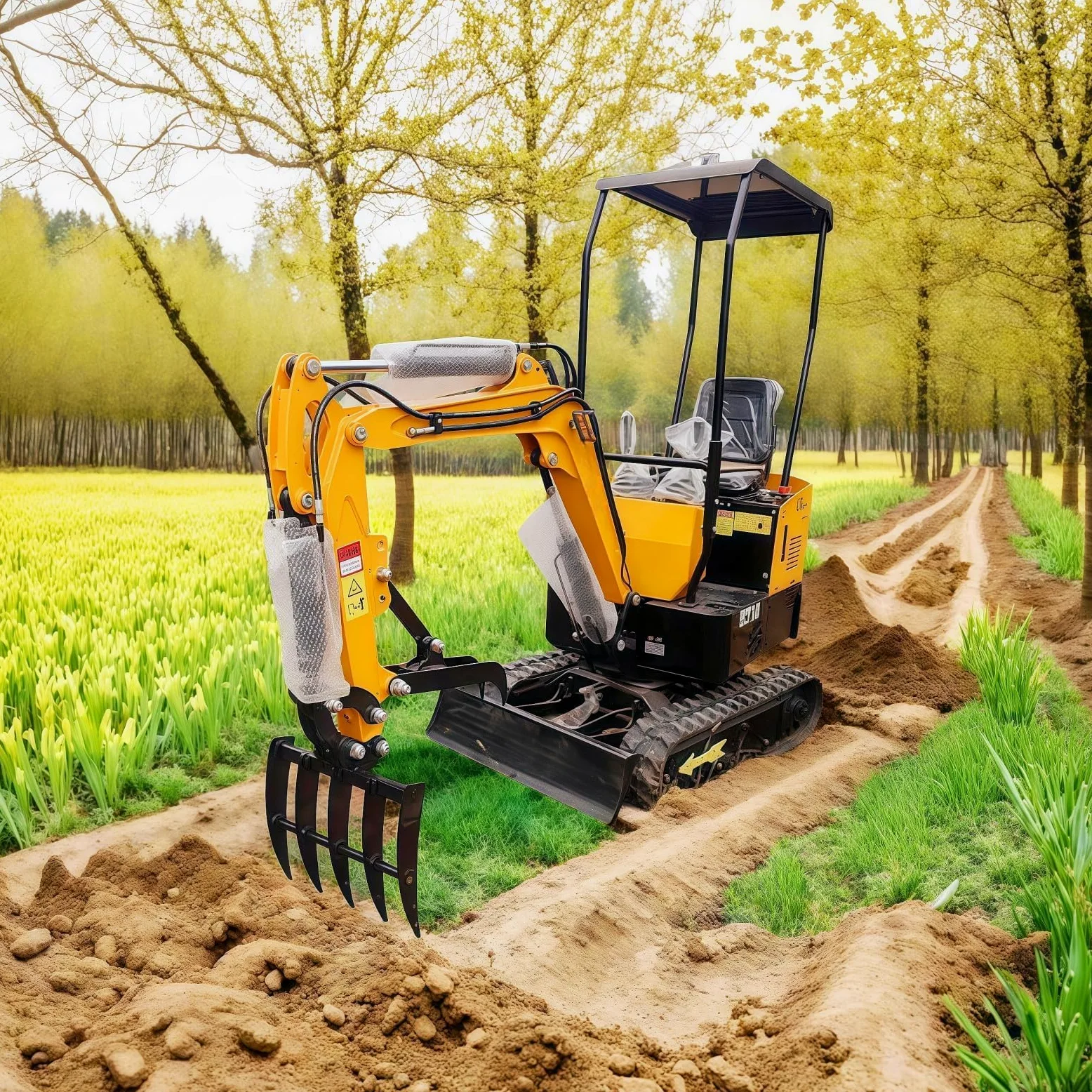 Râteau hydraulique inclinable pour mini excavatrices de 0,8 à 2 tonnes et micro-pelleteuses, trou de broche de 25 mm d'envergure de 90 mm