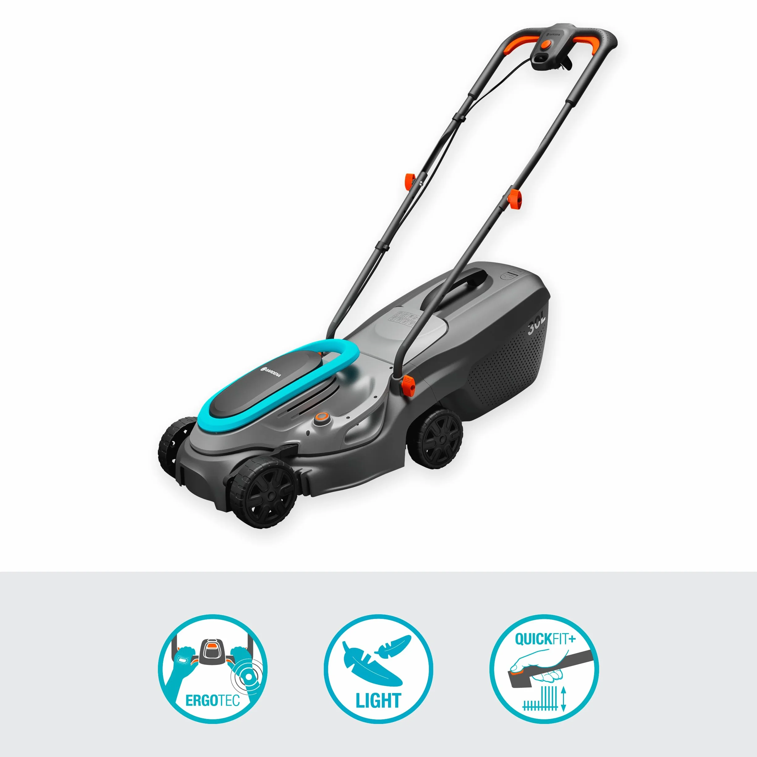 Gardena tondeuse à gazon électrique PowerMax 32/1200 G2: Tondeuse <300 m², puissance 1 200 W, largeur coupe 32 cm, volume bac 30 l, hauteur coupe 35–65 mm, poignée ErgoTec, rabattable (14633-20)