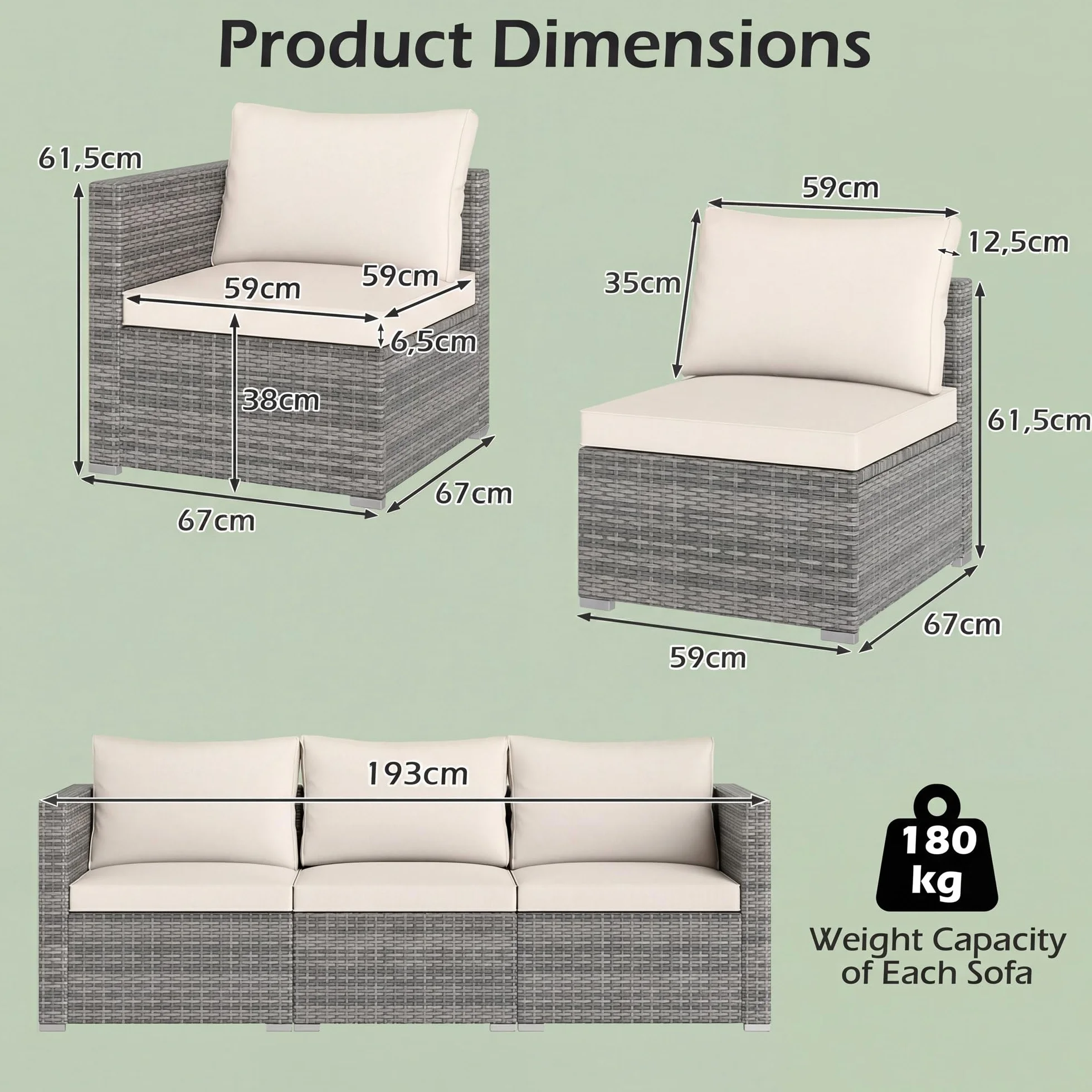 LIFEZEAL Canapé de Jardin 3 Places Rotin PE Charge 540 KG Modulable Beige