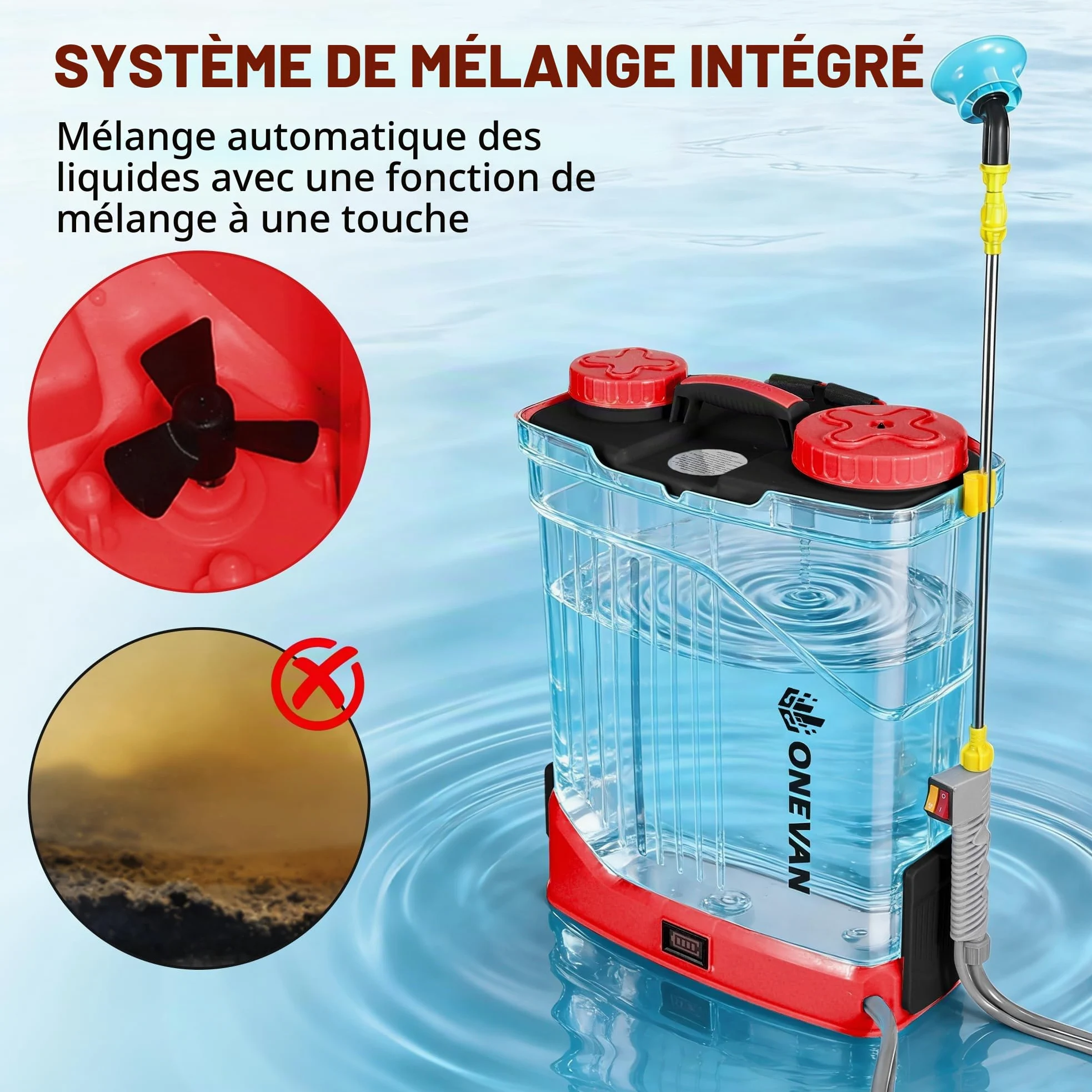 ONEVAN Pulvérisateur Électrique 20L Fonction Agitateur 5 Buses & 2 Batterie | 0-100 PSI Réglable, lance télescopique jusqu'à 41", 20 réservoirs, 5 buses, système de mélange intégré pour plus d'efficacité