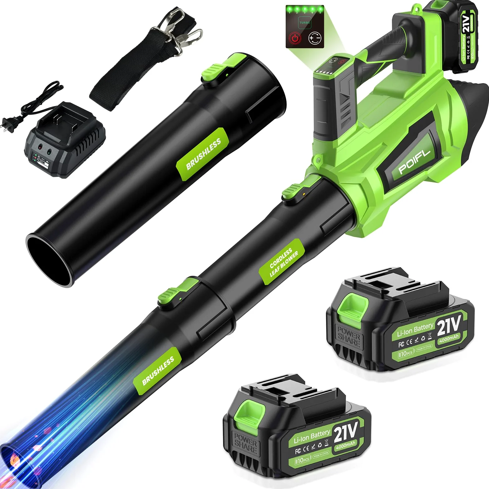 Souffleur Batterie, 32000RPM Souffleur de Feuille sans Fil,735 CFM 245 Km/h | Souffleur Feuille avec 6 Vitesses, 2 x 4000MAh Batteries & 1 x Sangle pour La jardin, La pelouse, La voiture et La neige