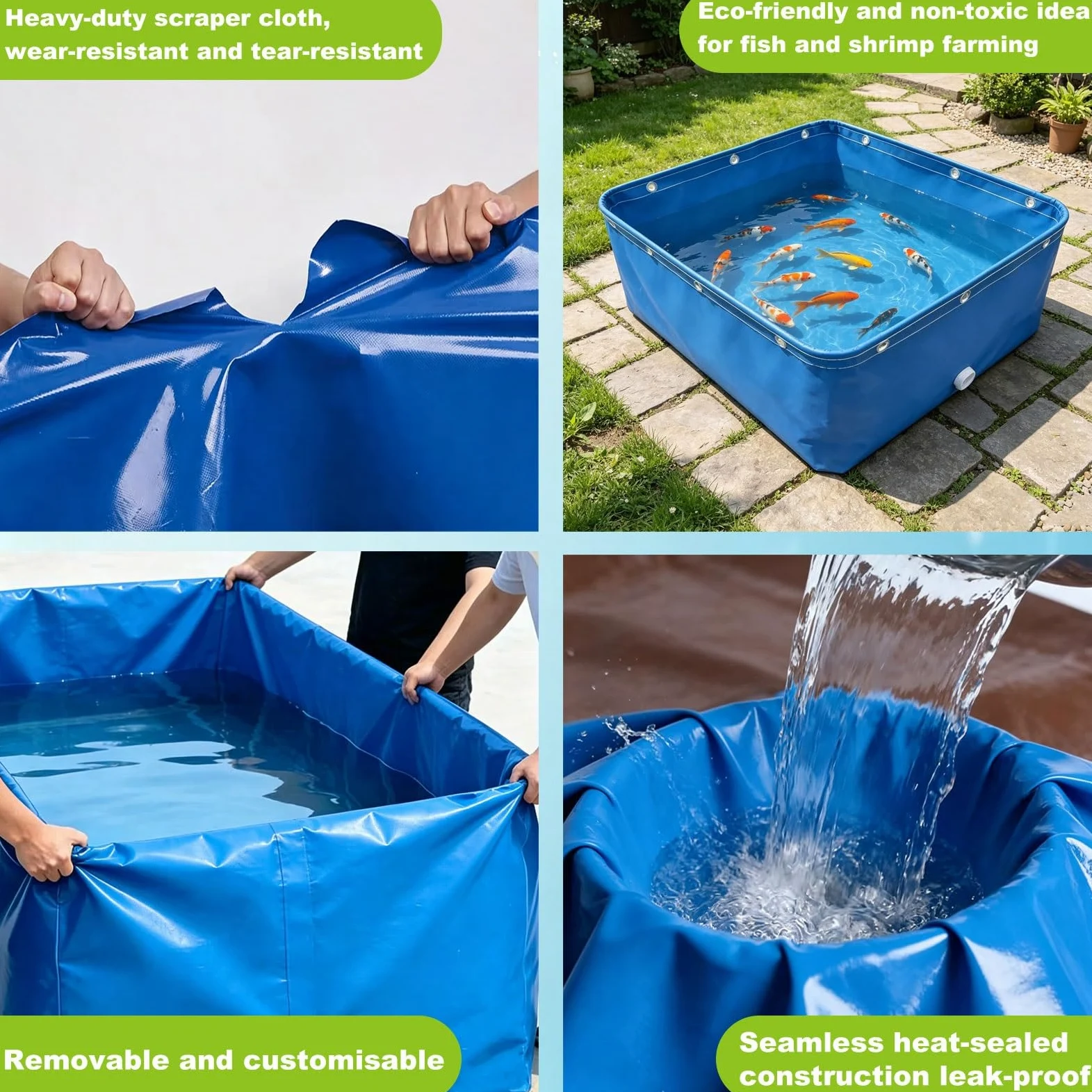 Étang à poissons en toile pliante épaissie,réservoir de rétention de bâche imperméable multifonction,piscine de jardin en toile VC avec valve de vidange pour Koi Bing et irrigation(2x2x1.0m)