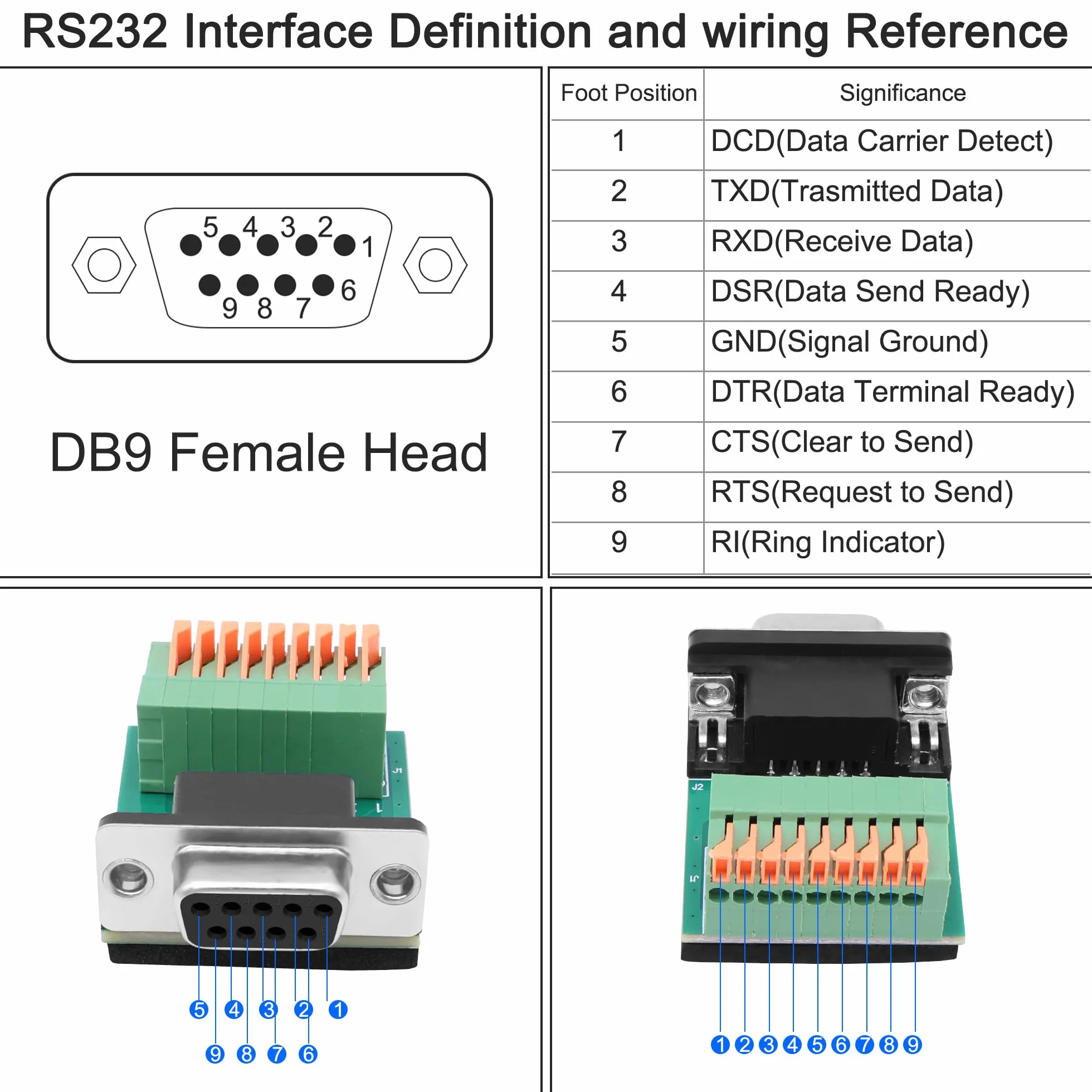 Adaptateur DB9 sans soudure RS232 D-SUB femelle vers connecteur à ressort 9 broches