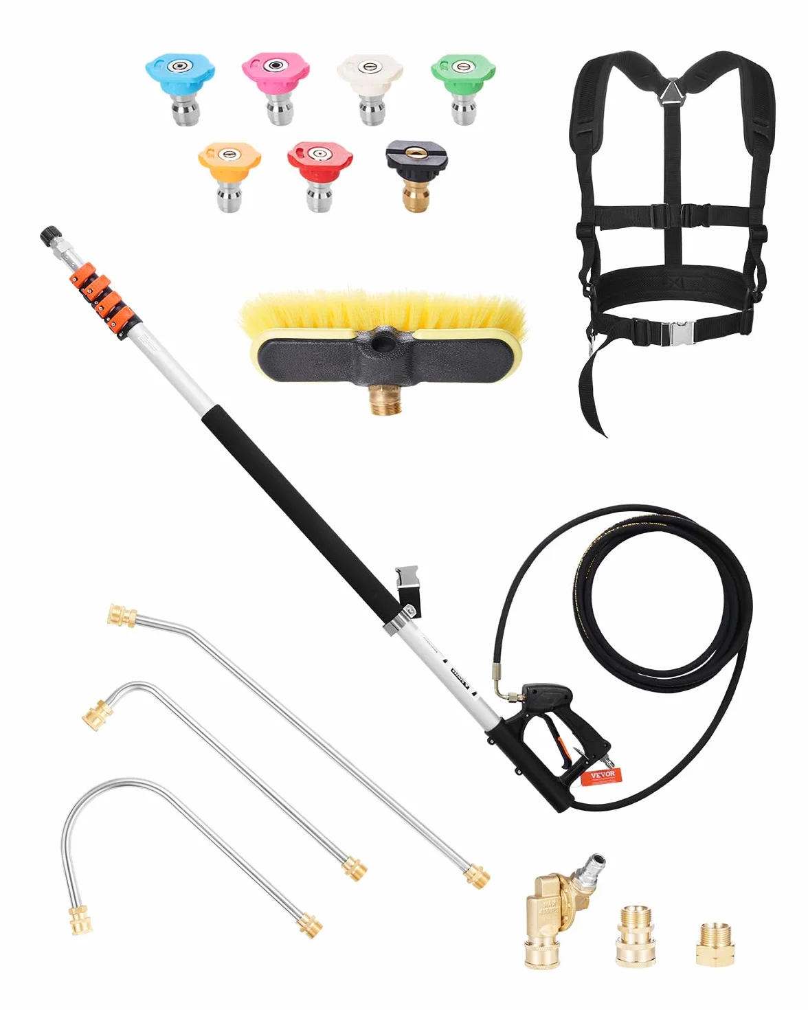 VEVOR Lance Télescopique pour Nettoyeur Haute Pression 6358 mm, Baguette Pulvérisation Télescopique 4000 psi avec Rallonges, Tête Brosse, Coupleur Pivotant, 7 Buses, Harnais de Support, pour Gouttière