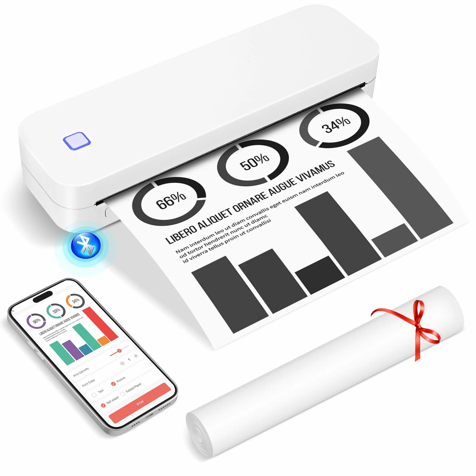 Imprimante Portable Bluetooth Thermique A4 210x297mm Compatible Android iOS Blanc