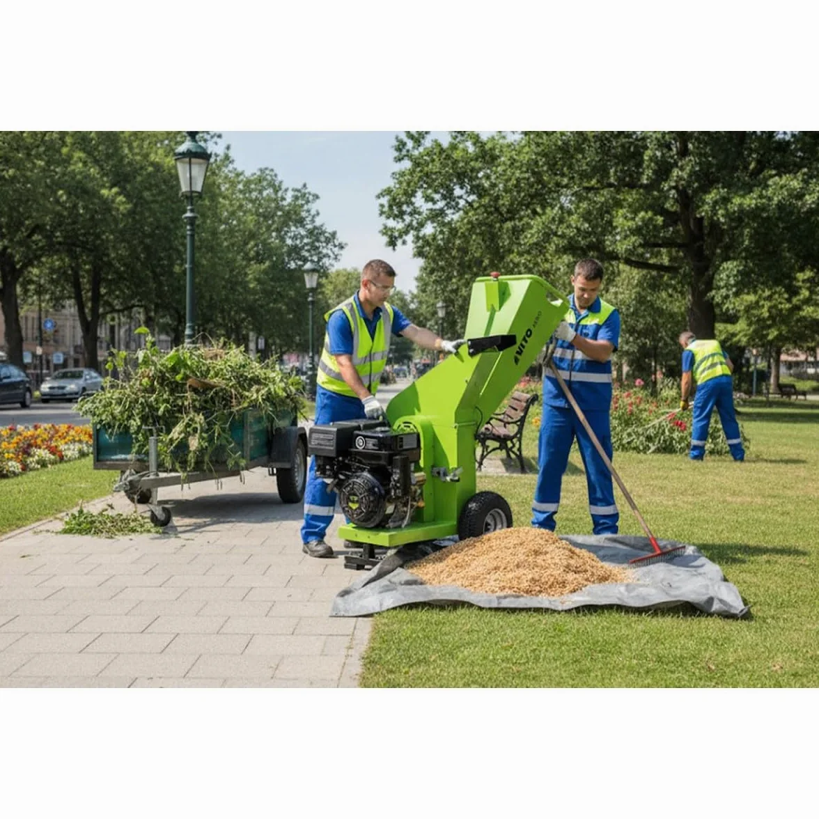 VITO - Broyeur de végétaux Thermique 7CV Coupe Branches Ø 70mm 2 Lames Moteur 4T 208Cm3 Roues gonflées Déplacement avec Poignées de déplacement