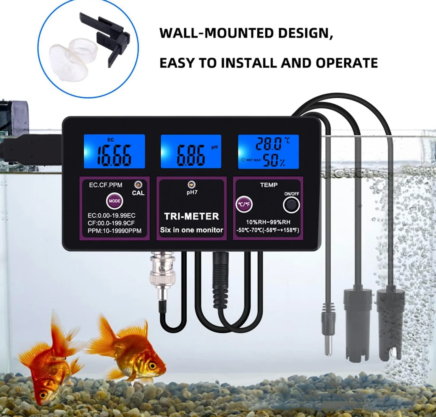 Testeur de qualité de l'eau 6 en 1, multiparamètre Professionnel pour Aquarium pour Test PH/Temp/EC/CF/RH/TDS, pour Sources d'eau, Aquarium, Culture hydroponique