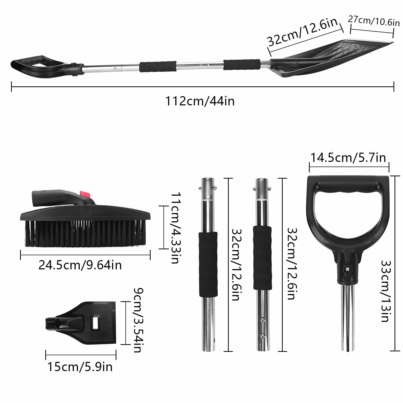 Kit Pelle à Neige rétractable 3 en 1 Grattoir Glace Brosse Neige avec Sac de Rangement et Gants Noir