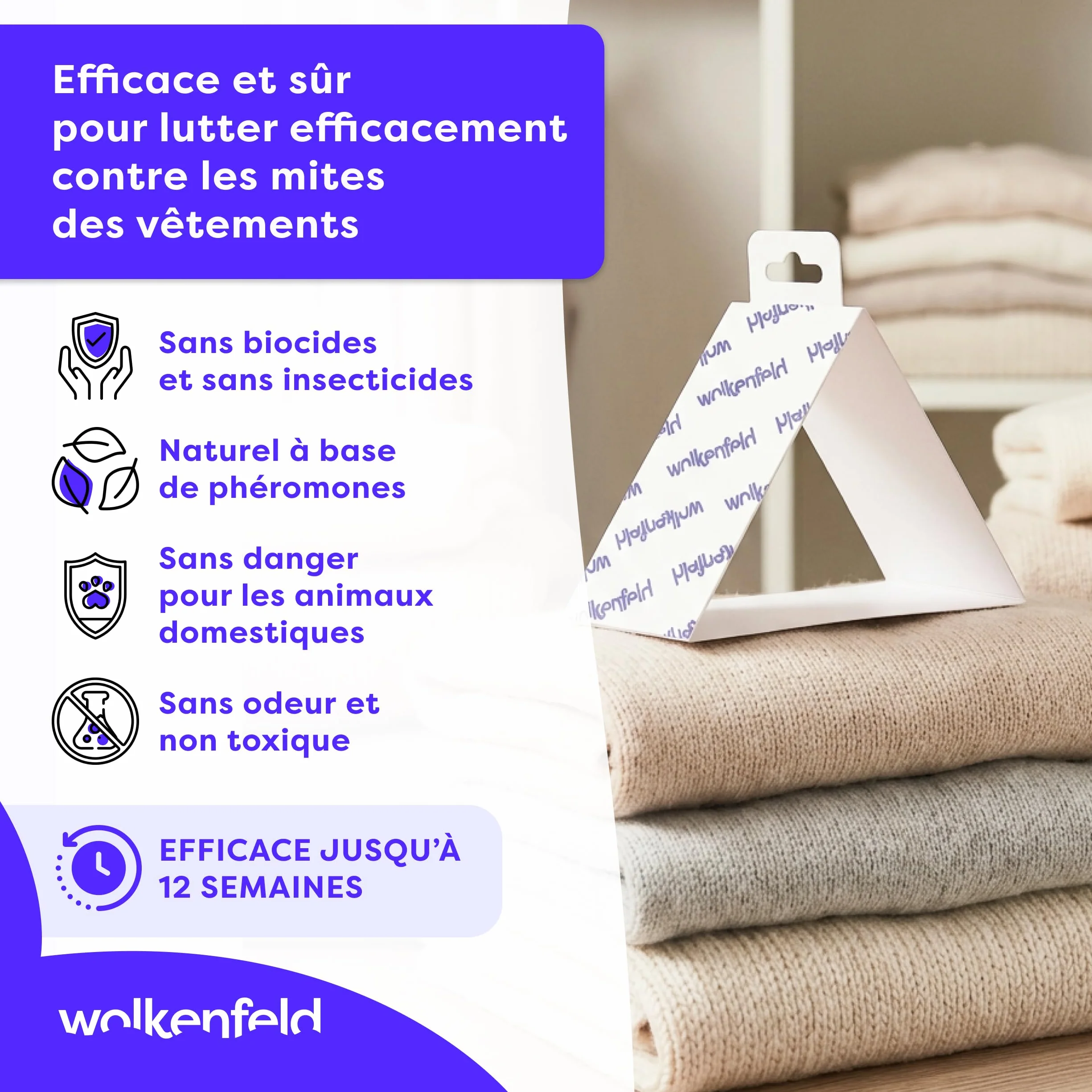 Wolkenfeld Anti Mites Textiles Piège à Mites Vêtements Adhésifs 8 Pièges Laine Cachemire 100% Naturel Fabriqué Allemagne