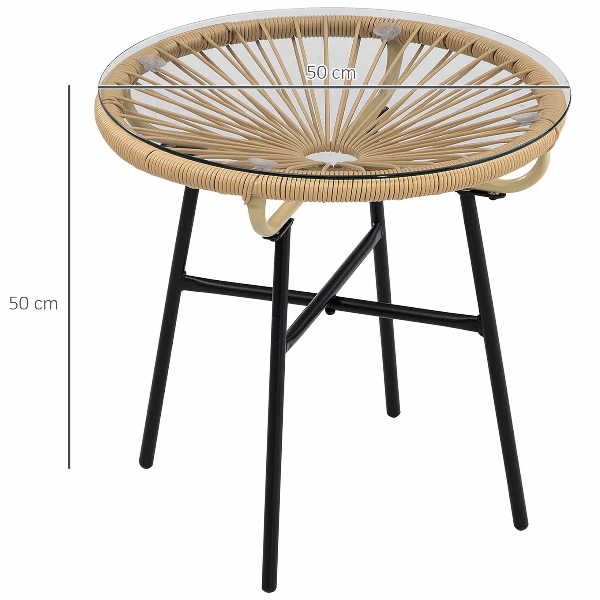 Outsunny Table Basse Ronde Jardin Résine Rotin Métal Plateau Verre Trempé Ø 50 x 50 cm Beige