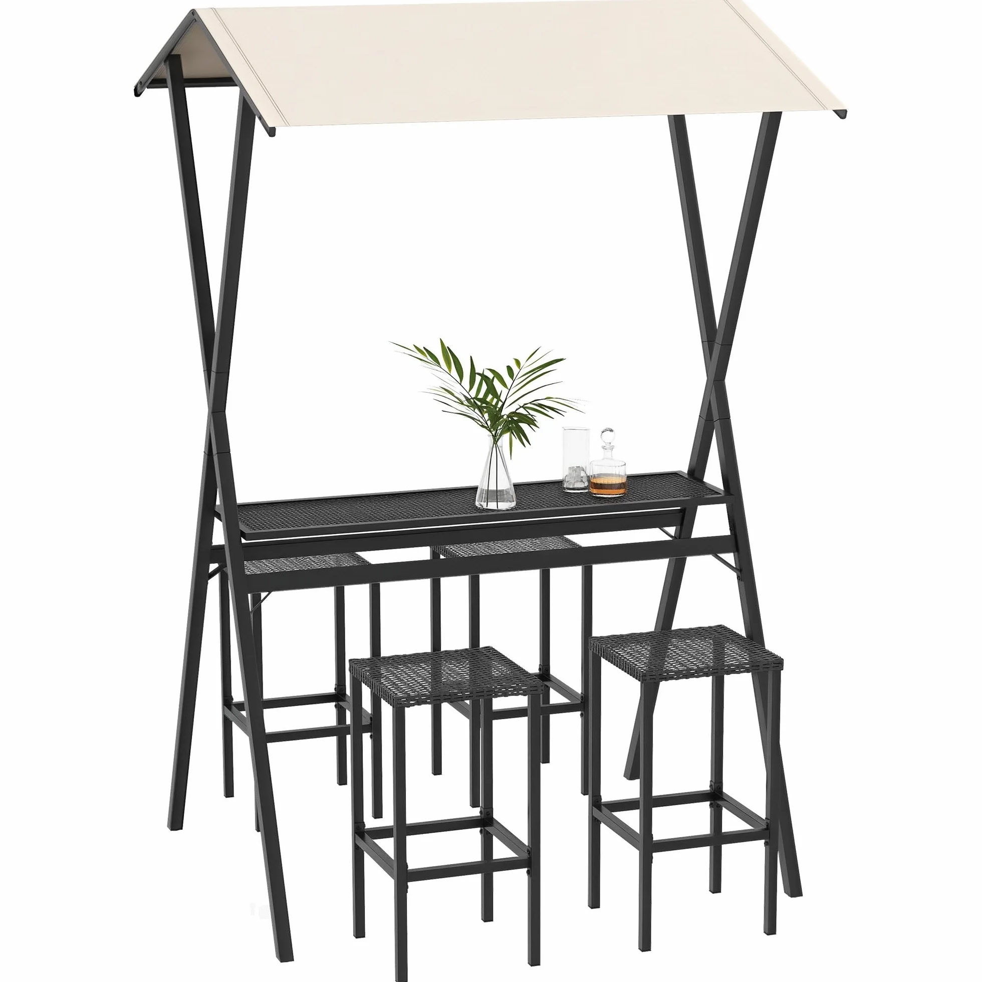 Outsunny Ensemble de bar de jardin en rotin 4 tabourets table haute avec toit acier noir