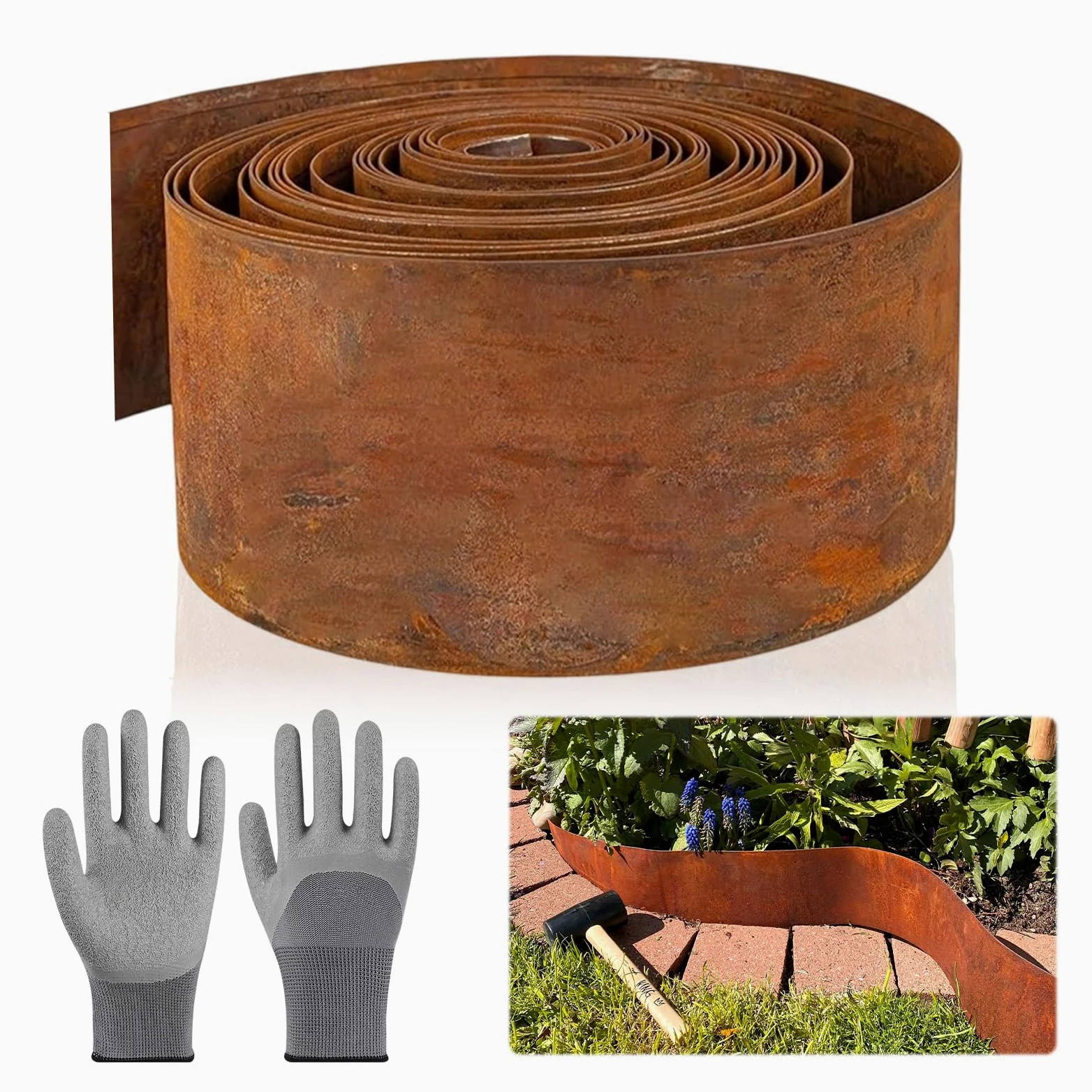 Bordure de pelouse en métal 10 m - Bordure de parterre avec aspect rouille - 15 cm de haut - Pour délimiter les parterres de fleurs, les chemins de jardin, les arbres, les jardins de gravier