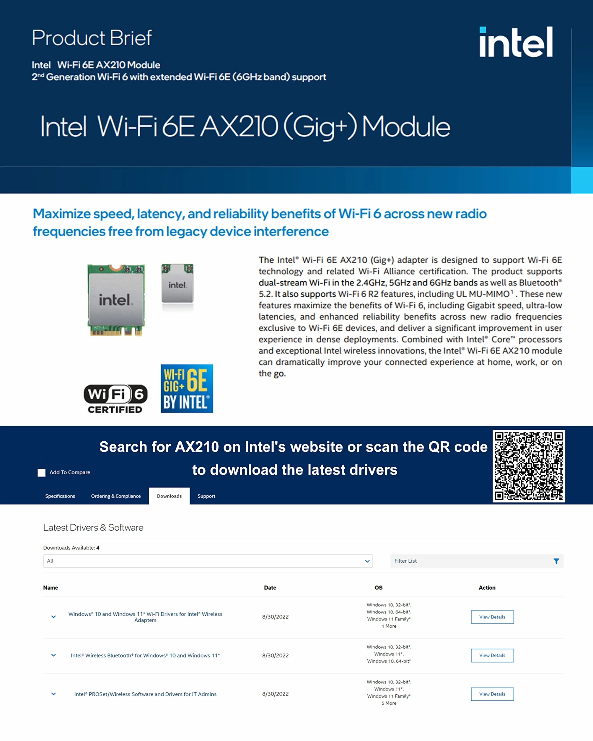 Intel WiFi 6E AX210 Carte WiFi 5400Mbps PCIe Bluetooth 5.3 Tri-Bandes 6GHz/5GHz/2.4GHz pour PC Win 11/10