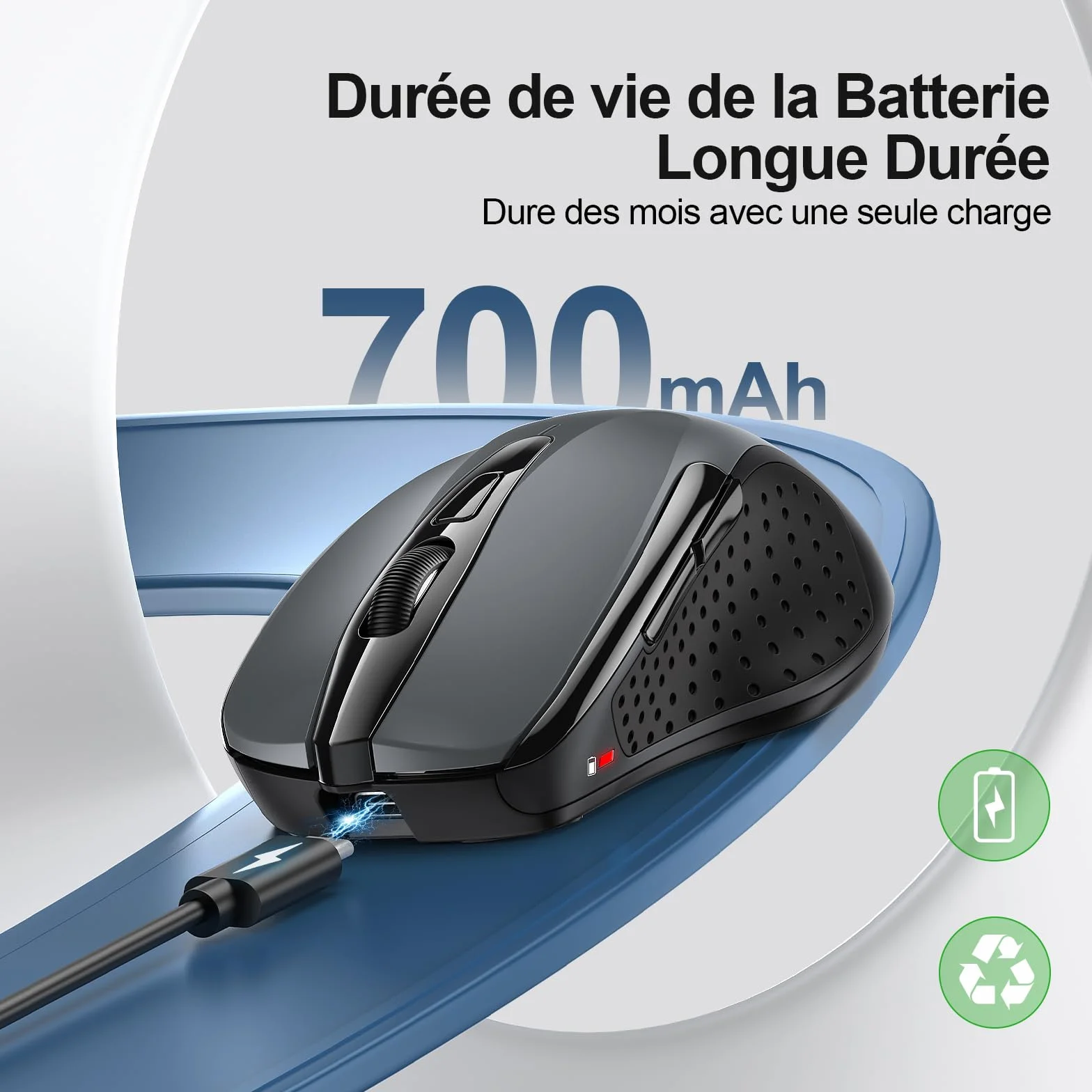 TECKNET Souris sans Fil Rechargeable Silencieuse 4800 DPI 6 Boutons Ergonomiques USB 2,4G Gris