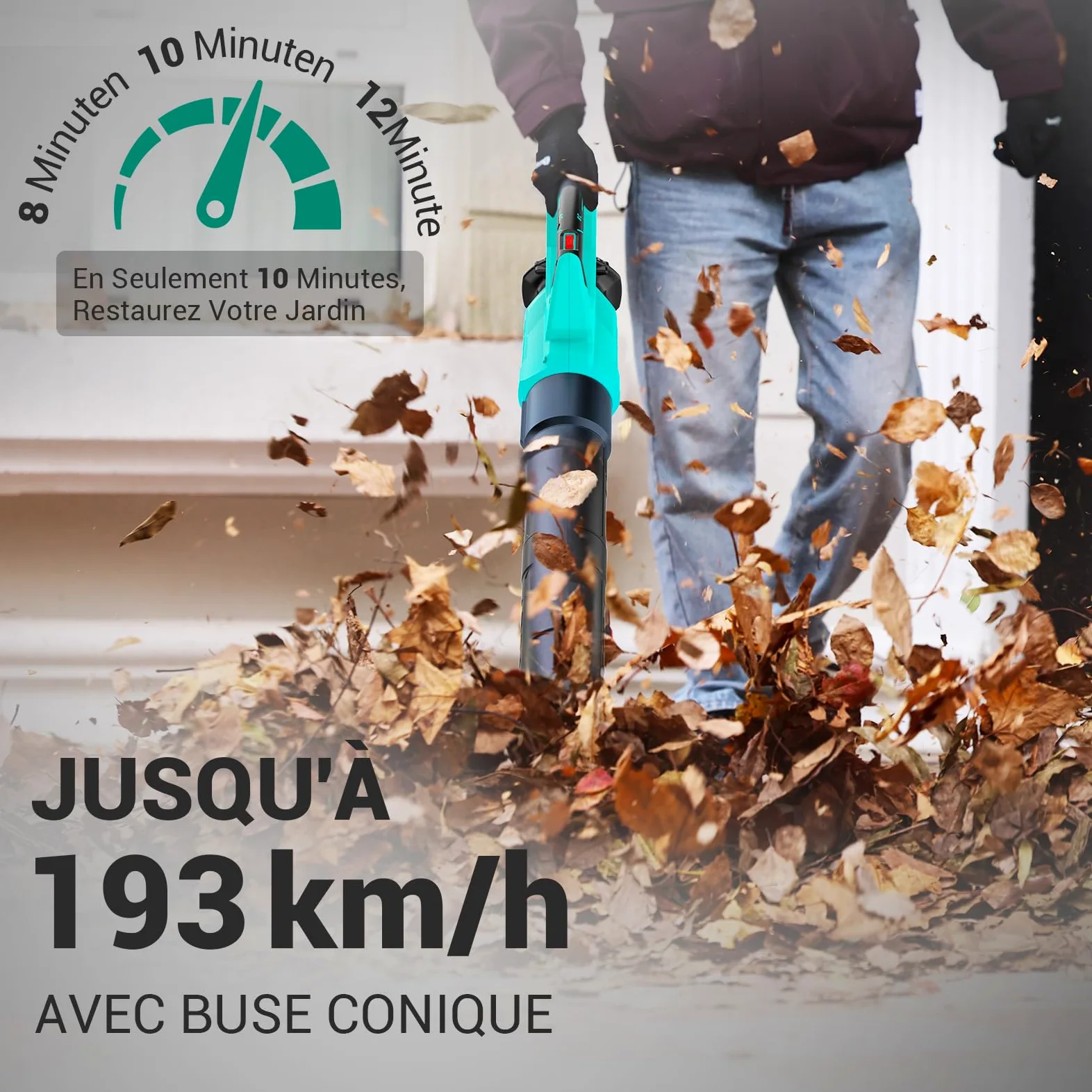 DCA Souffleur de Feuilles sans Fil 20V avec Moteur Brushless, Débit d'air 820 m³/h & 193 km/h, Batterie 4.0Ah Incluse, Ultra-Léger 1,5kg, Variateur de Vitesse pour Jardin, Allées et Poussière
