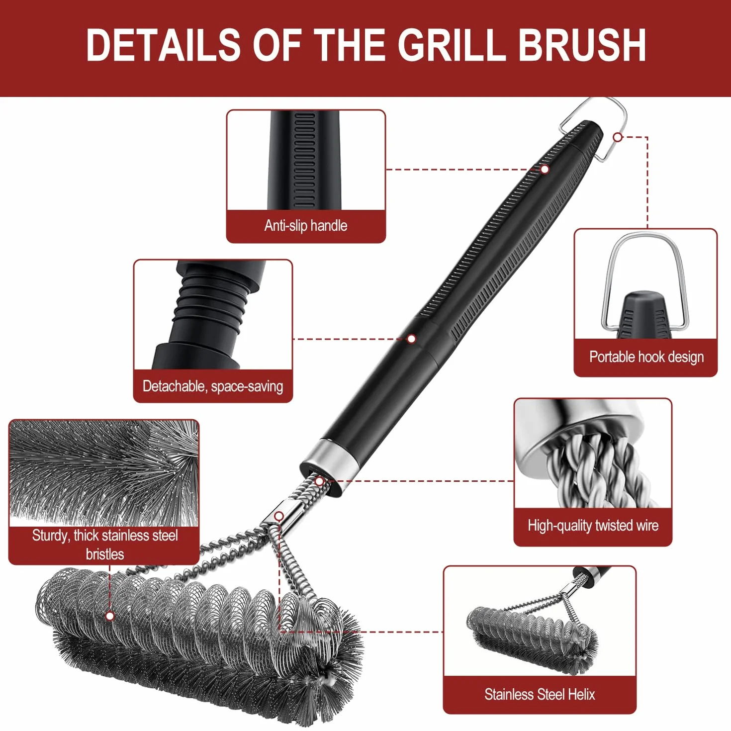 Brosse de Nettoyage pour Barbecue en Acier Inoxydable 45.5cm avec Grattoir Intégré Nettoyage 360°