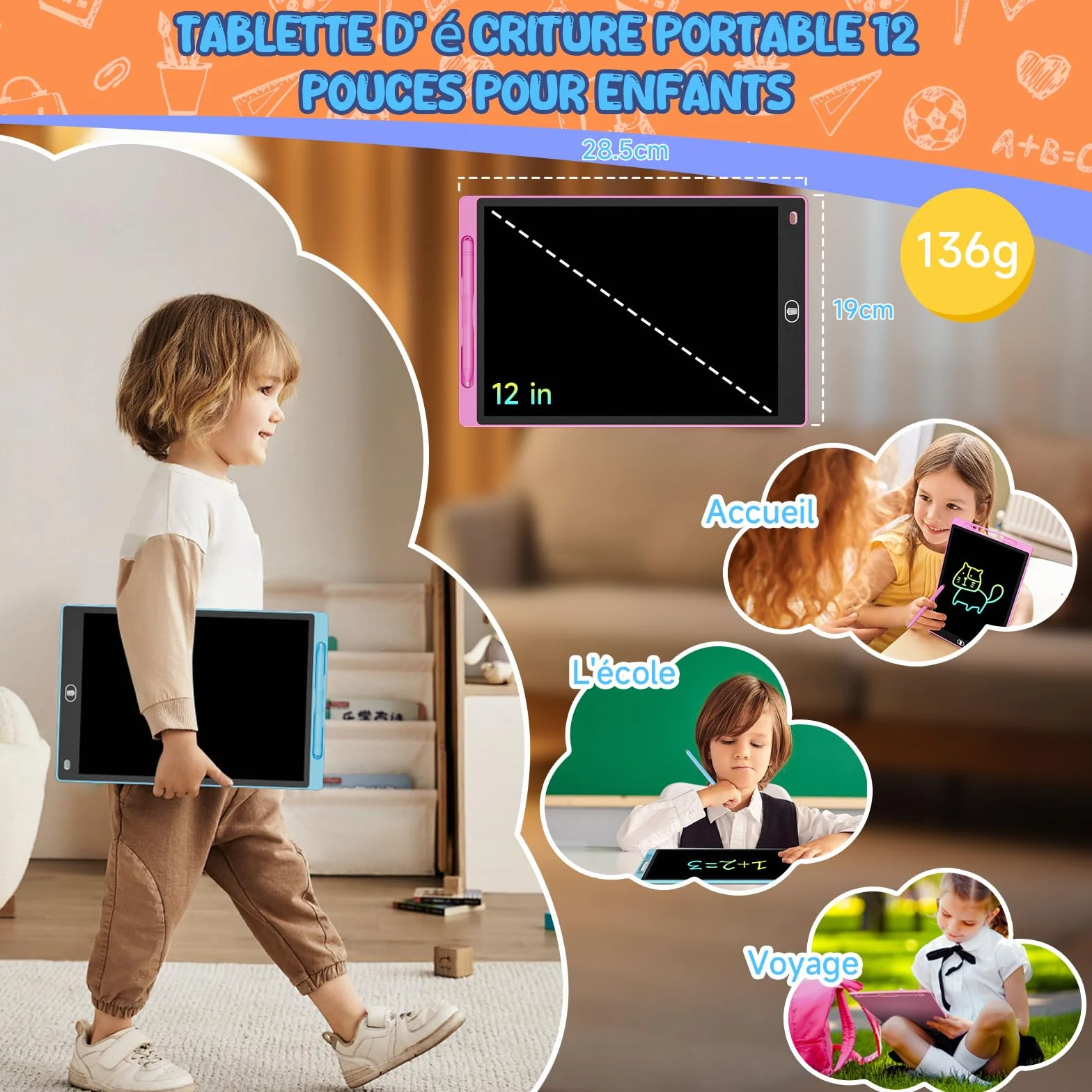 Tablette d'écriture LCD 12 Pouces Lot de 3 - Ardoise Magique Enfant avec Écran Sensible Pression & Couleurs Arc-en-Ciel