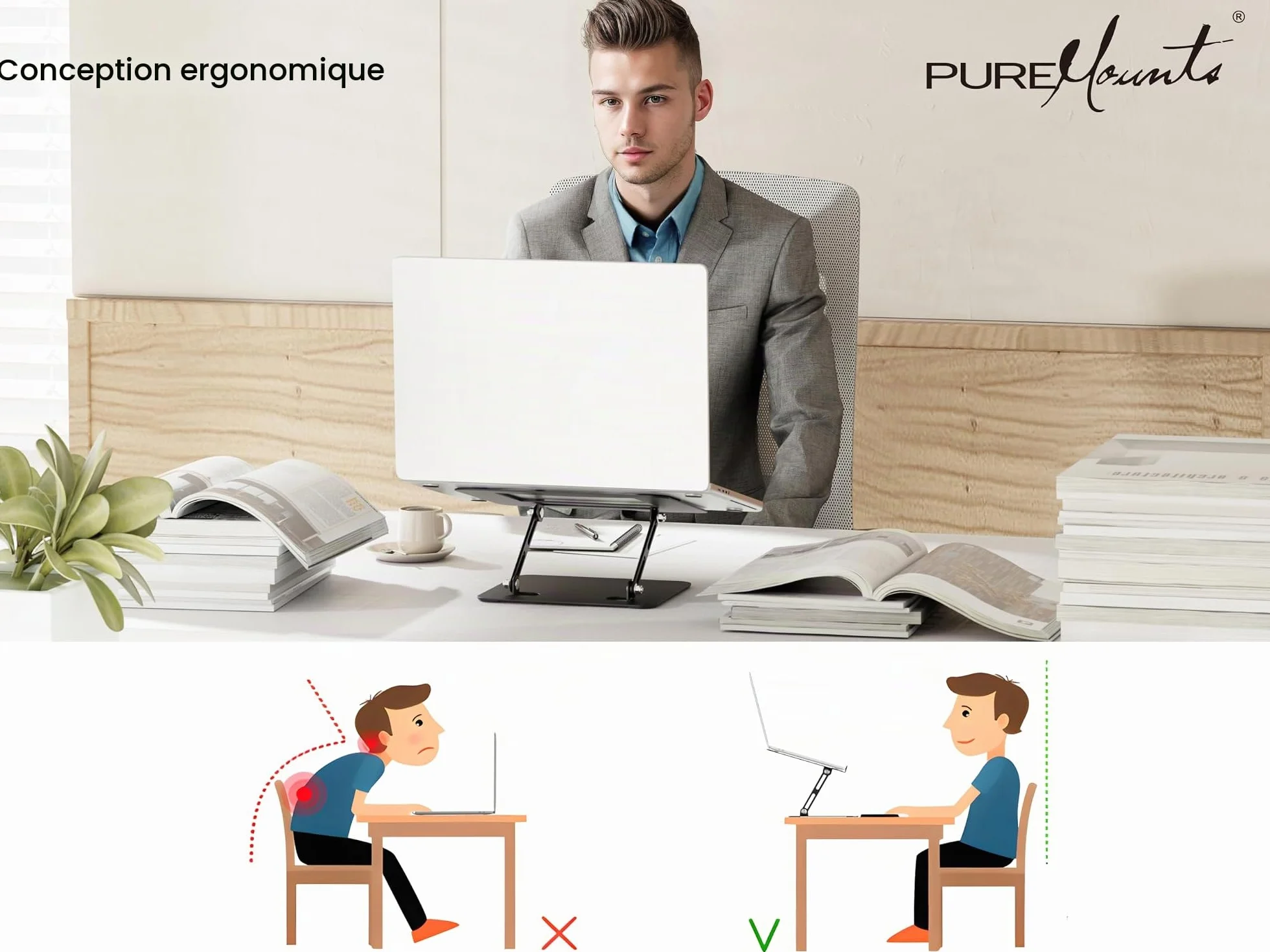 PureMounts Support Ordinateur Portable Réglable Hauteur Pliable Ergonomique Base Pivotante 360° Ventilation Patins Antidérapants Noir