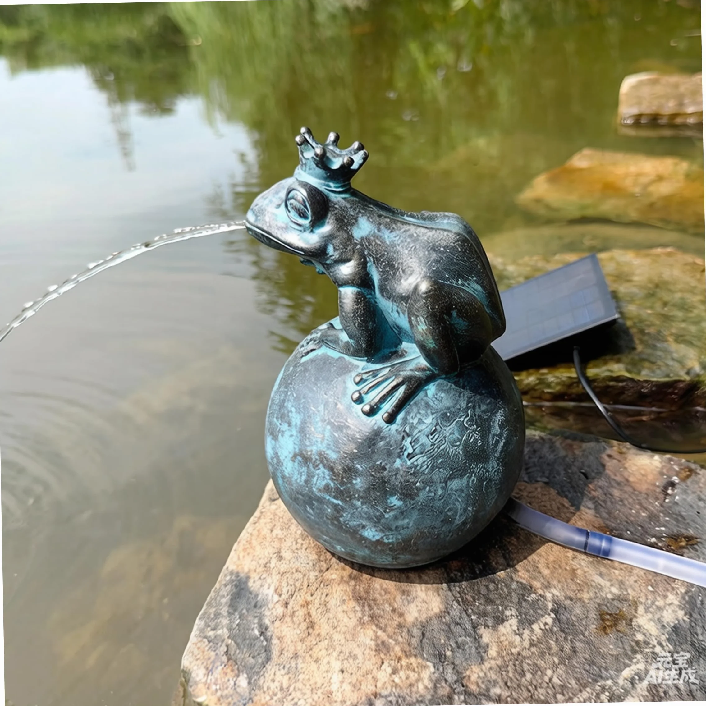 Fontaine décorative solaire en forme de grenouille couronnée pour bassin, résine extérieure 12x12x21 cm