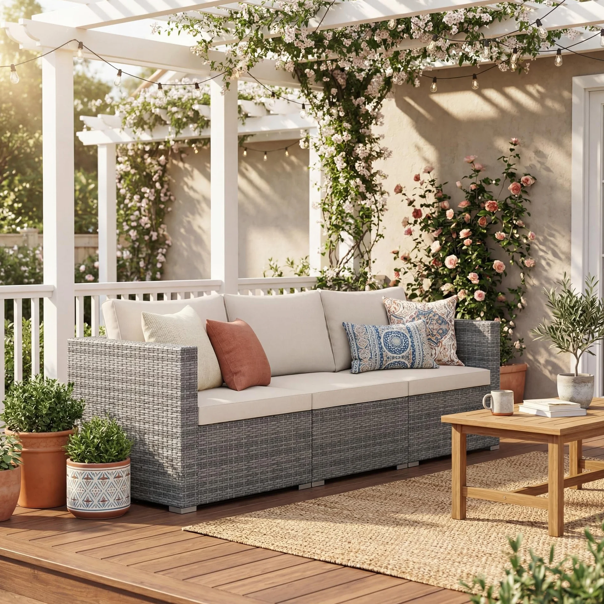 LIFEZEAL Canapé de Jardin 3 Places Rotin PE Charge 540 KG Modulable Beige