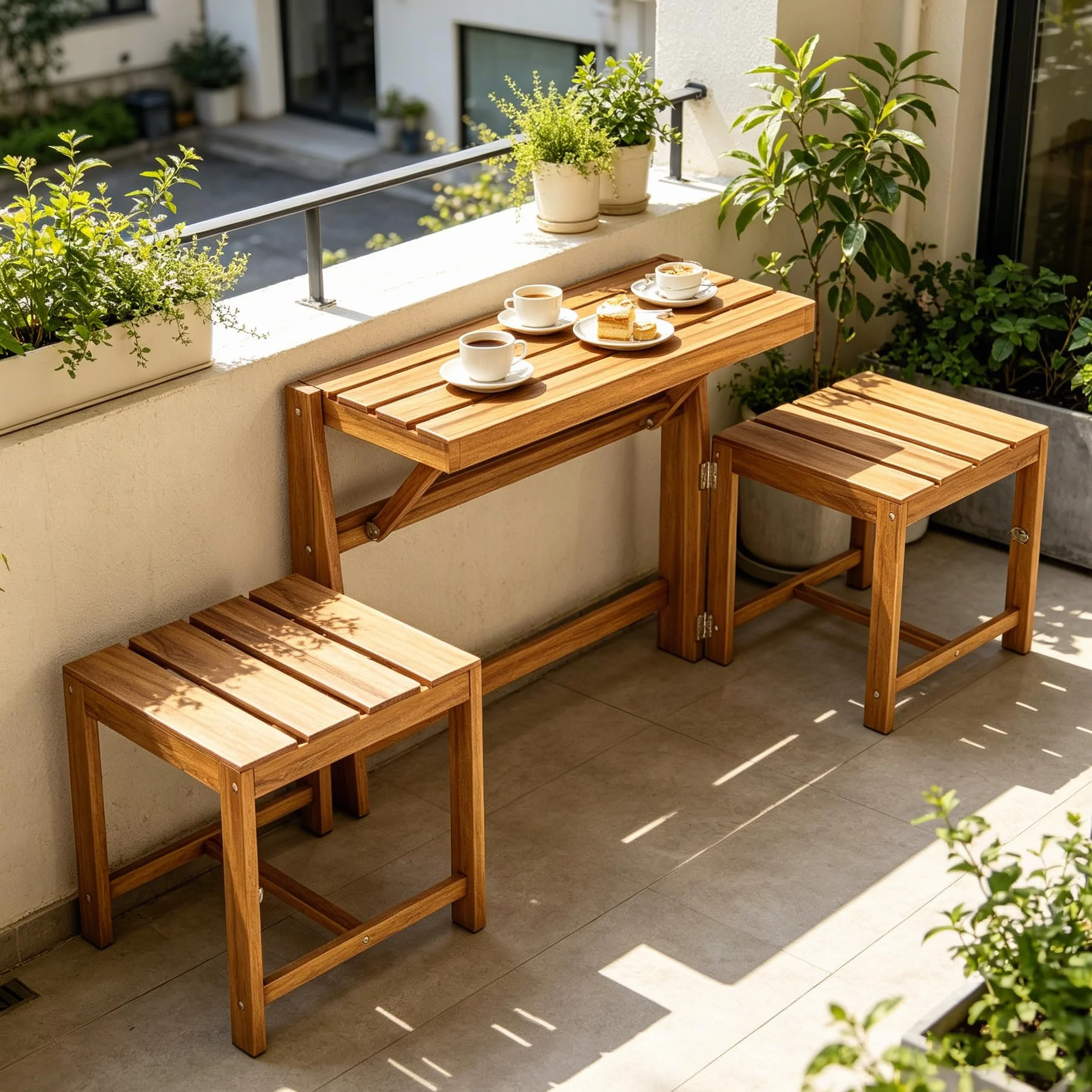 Banc Exterieur Jardin Convertible 3 en 1 en Bois d'Acacia avec Table Rabattable et 2 Chaises Intégrées pour Terrasse Balcon