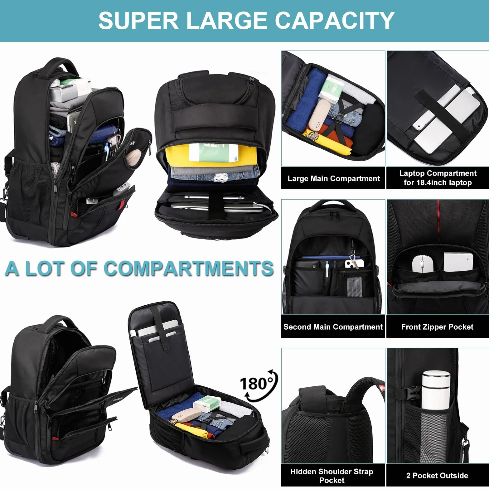 Sac à Dos à Roulette 18,4" Ordinateur Portable Trolley Voyage Grand Volume Antivol Résistant à l'eau Homme Femme Noir