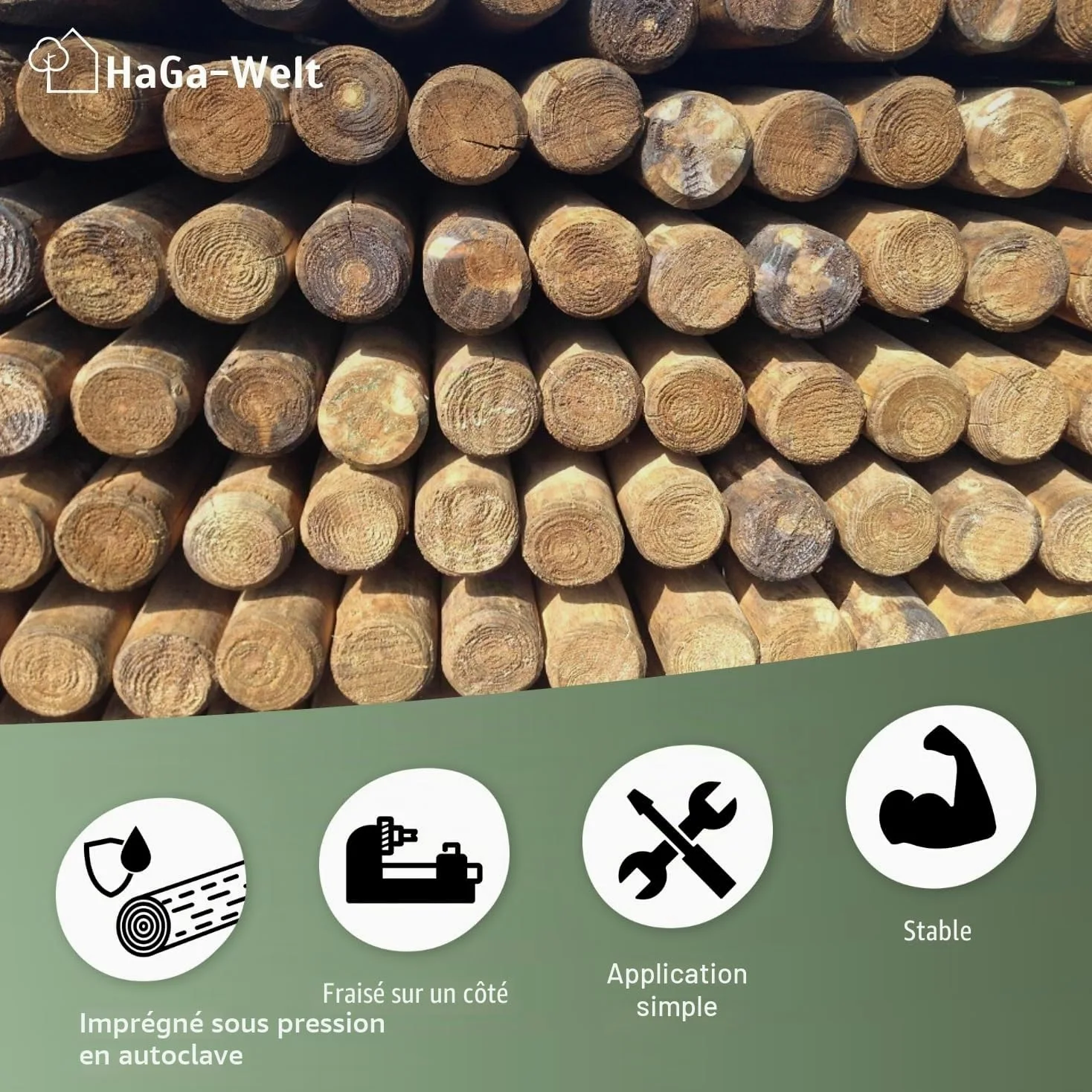 HaGa® Lot de 10 piquets en bois de pin - Diamètre : 5 cm - Hauteur : 150 cm - Résistant aux intempéries