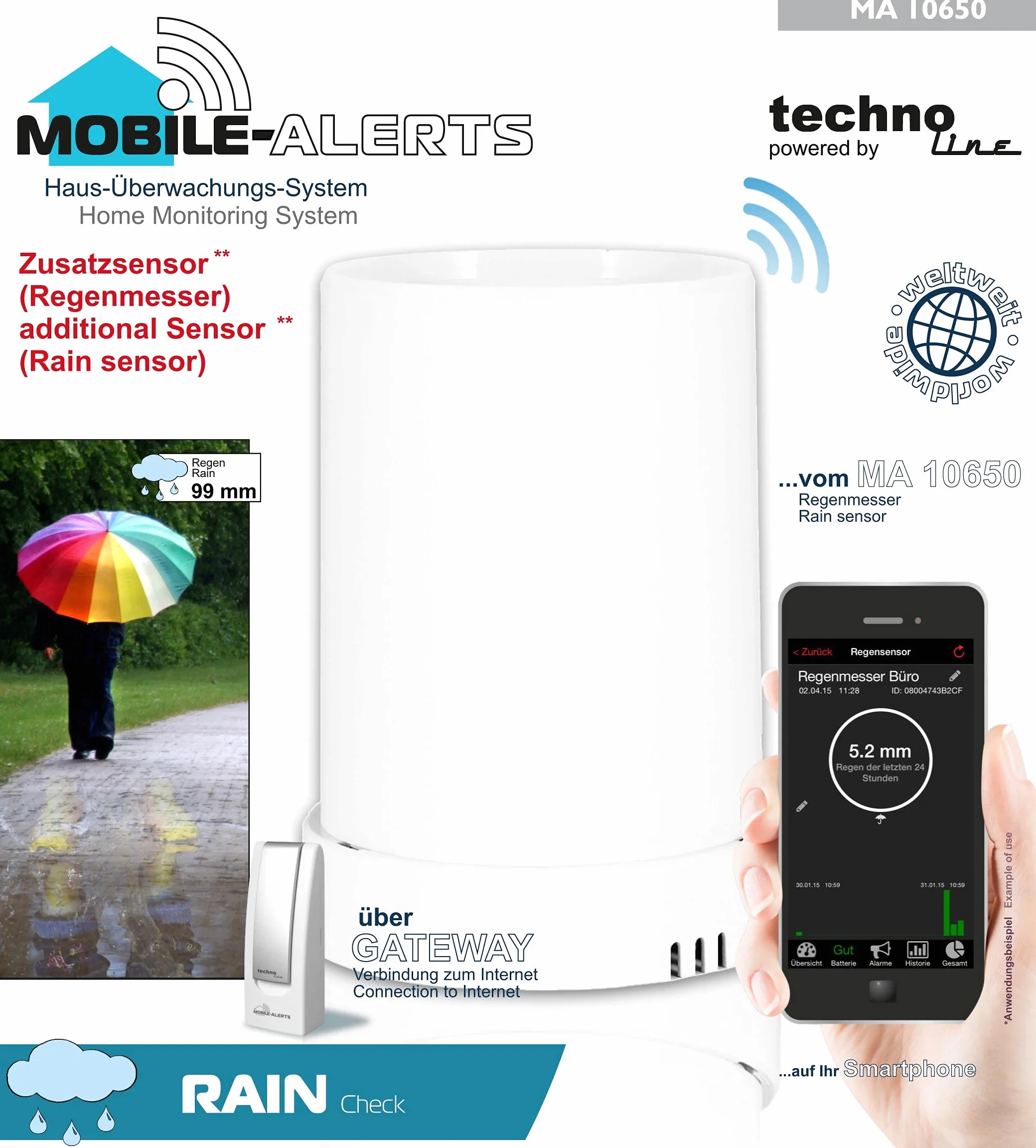 techno line MA 10040 Regenmesser Komplett-Set, Gateway und Funk-Rain Sensor mit kostenloser App für das Smartphone, weiß