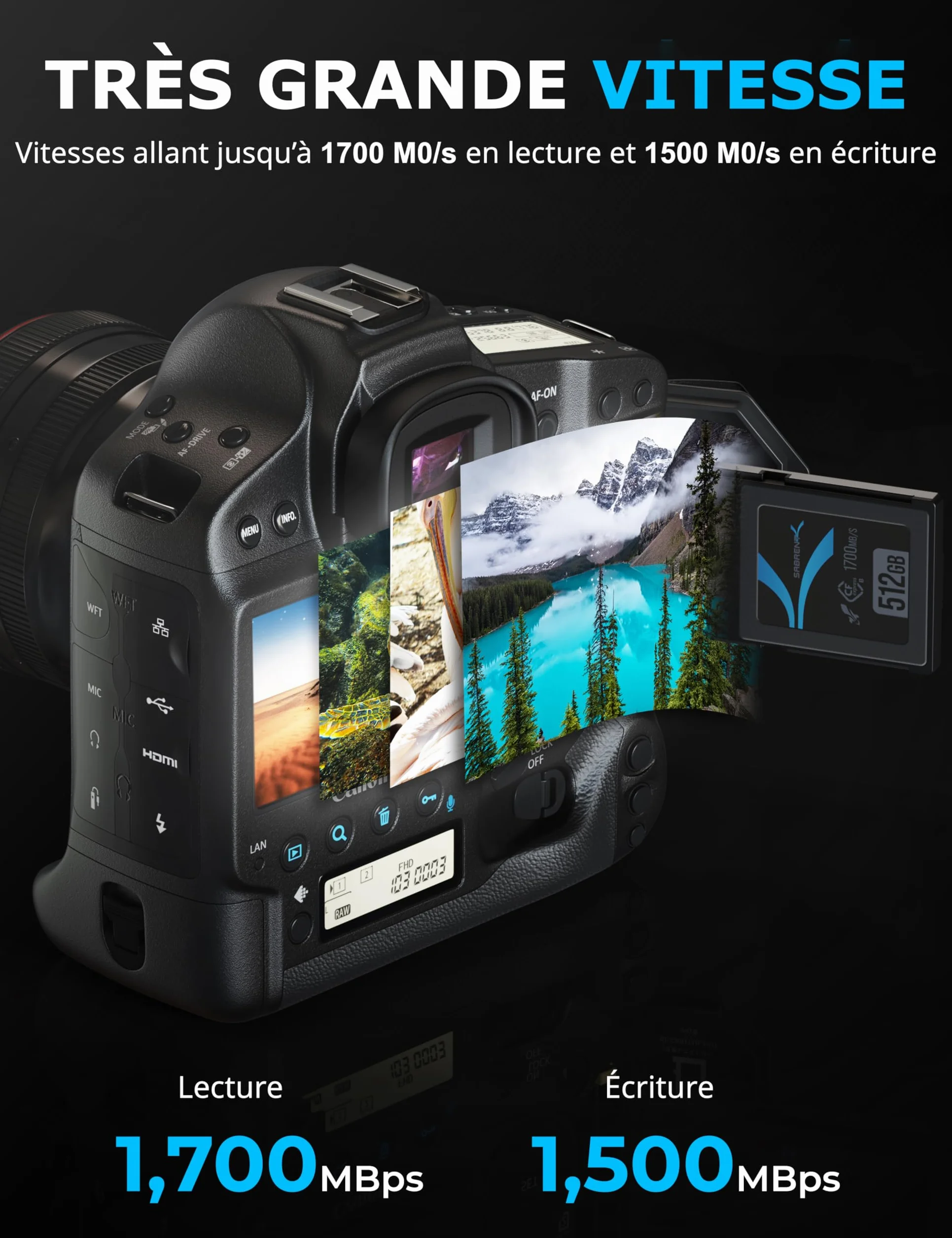 SABRENT CFexpress Type B 512Go Carte Mémoire Rocket CFX CompactFlash L1700Mo/s E1500Mo/s 4K RAW
