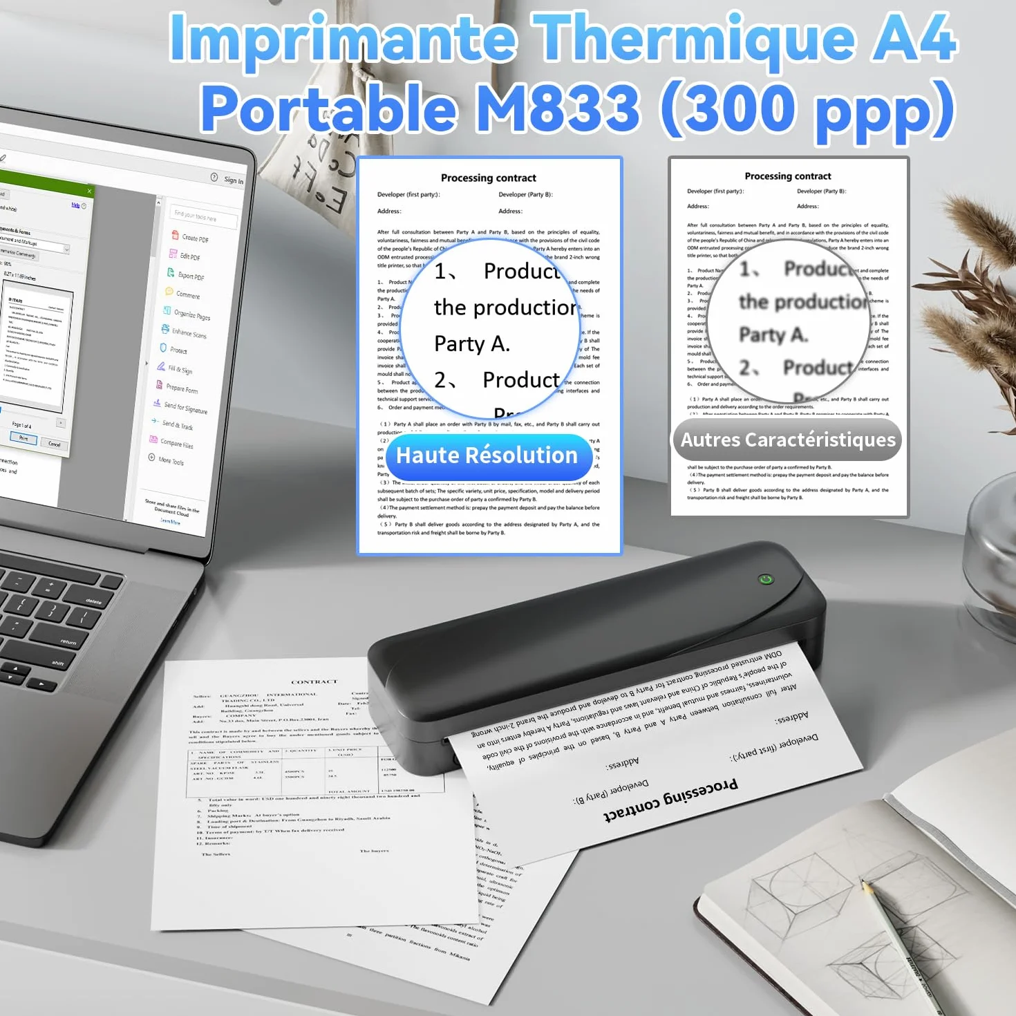 Phomemo M833 Imprimante Thermique A4 300 DPI sans Encre, Batterie 2600mAh, Compatible PC Android iOS Noir