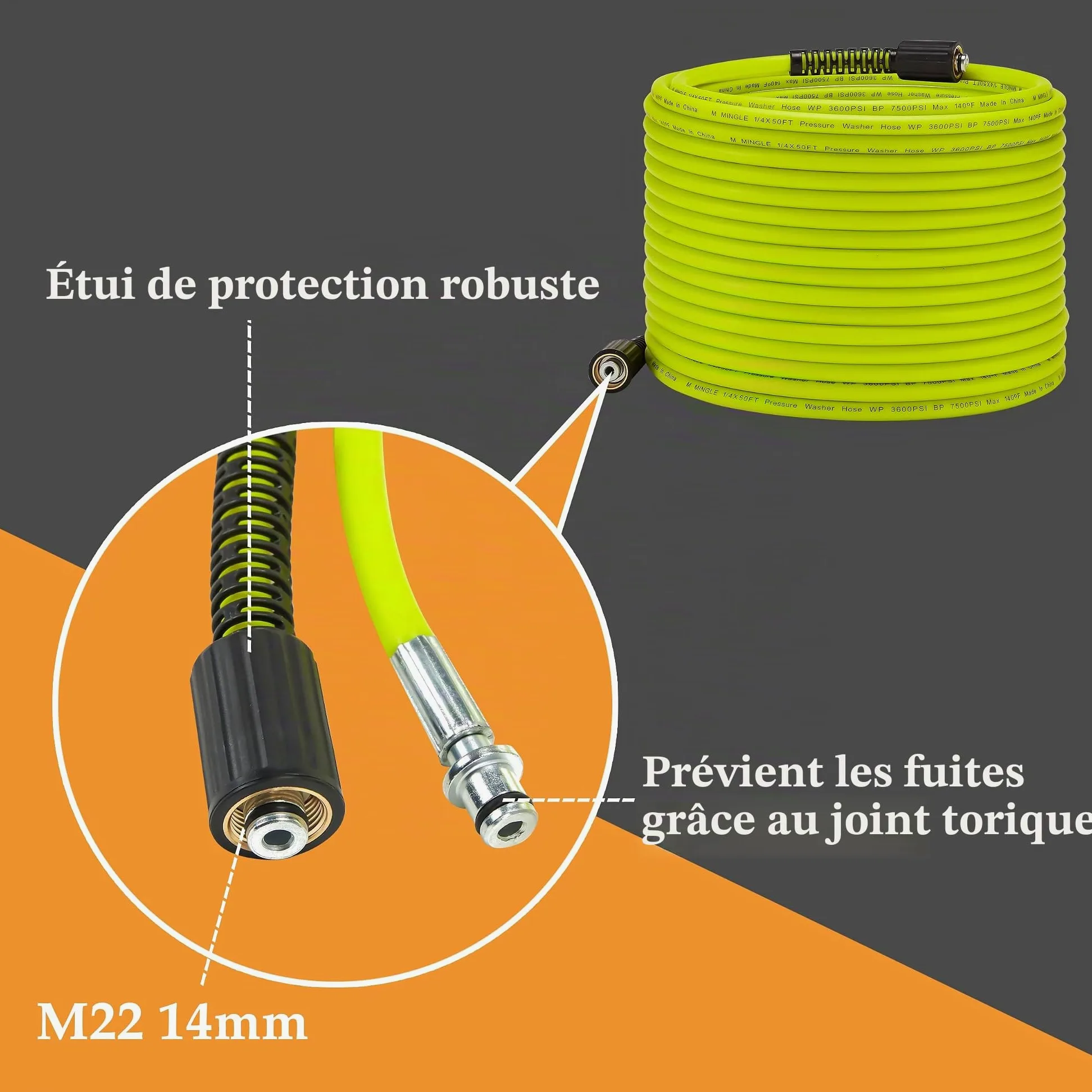 M MINGLE Tuyau Haute Pression 15 m x 1/4", M22 14mm en Acier Inoxydable | Flexible pour Nettoyeur Haute Pression, Raccord Rapide 3/8", Anti-Vrille, Idéal pour Nettoyage de Voiture et Allée, 250 bar