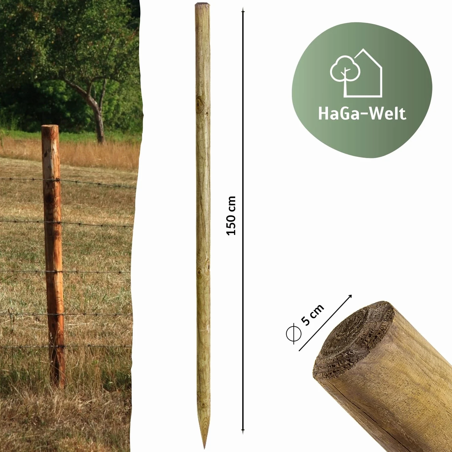 HaGa Lot de 10 piquets ronds en bois de pin pour clôture - 5 cm de diamètre - Hauteur 150 cm - Éléments de clôture pour clôture en bois, clôture pour chien, clôture de pâturage