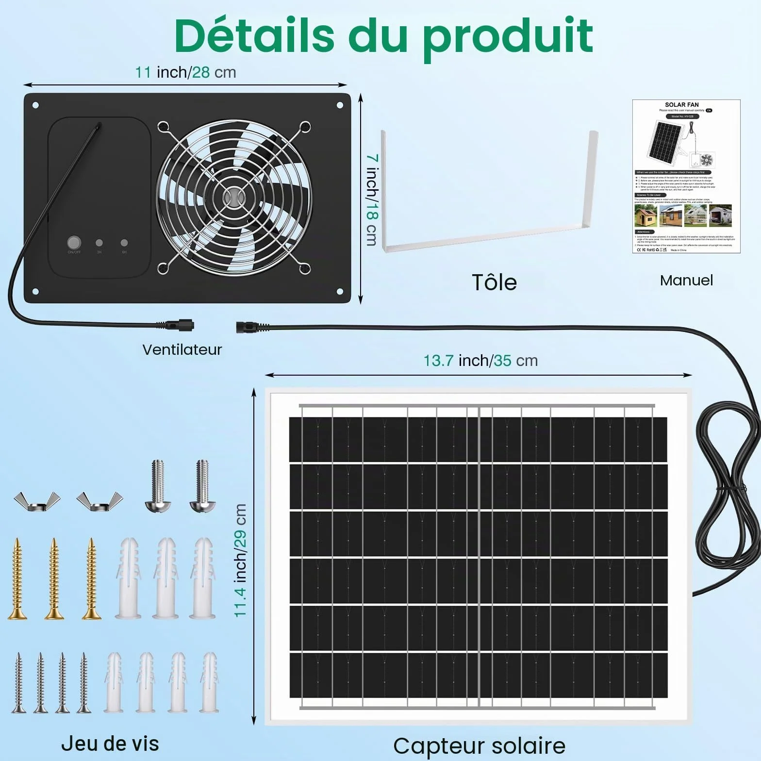 Ventilateur solaire 15000mAh 25W 3500RPM étanche silencieux pour poulailler serre